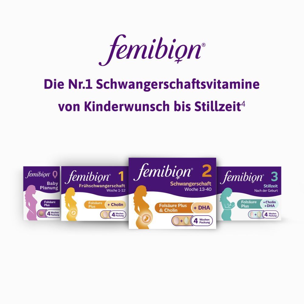 Femibion® Produkte. 4 Packungen: Babyplanung, Frühschwangerschaft, Schwangerschaft, Stillzeit.