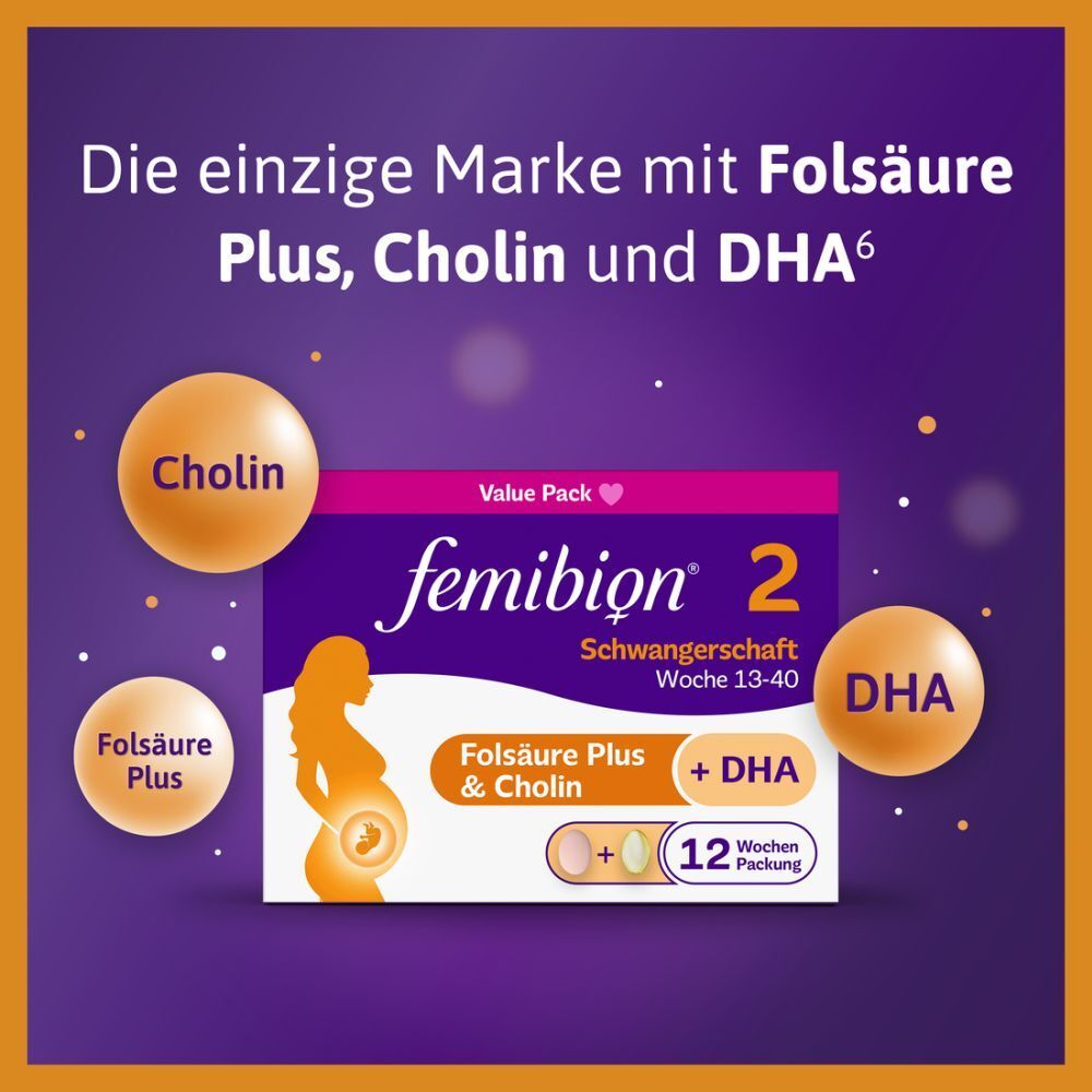 Femibion® 2 Schwangerschaft, Packung. Enthält Folsäure, Cholin und DHA. 12 Wochen Packung.