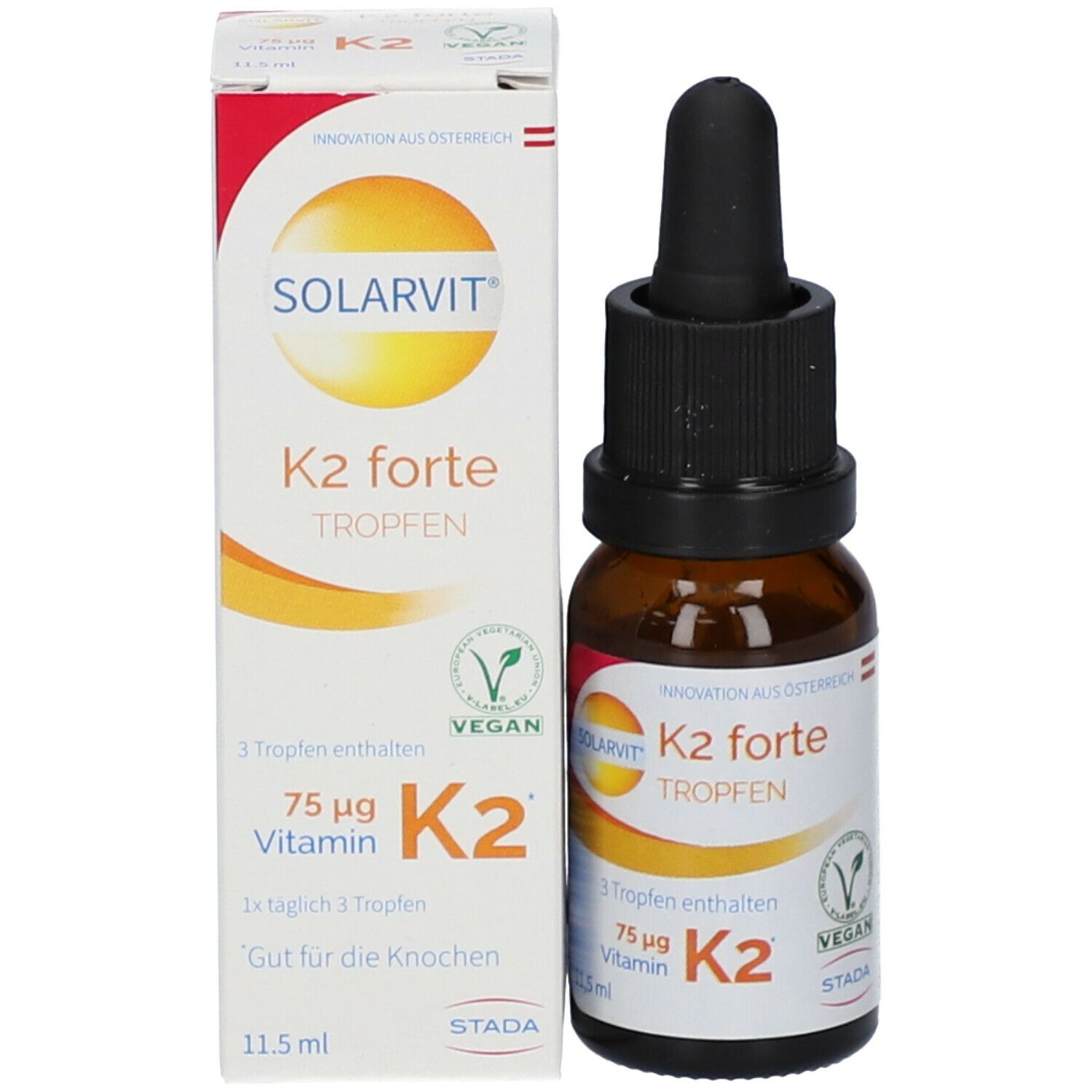 Solarvit K2 forte Tropfen Flasche und Verpackung. Aufschrift: Vegan-Siegel, 75 µg Vitamin K2, 1x täglich 3 Tropfen.