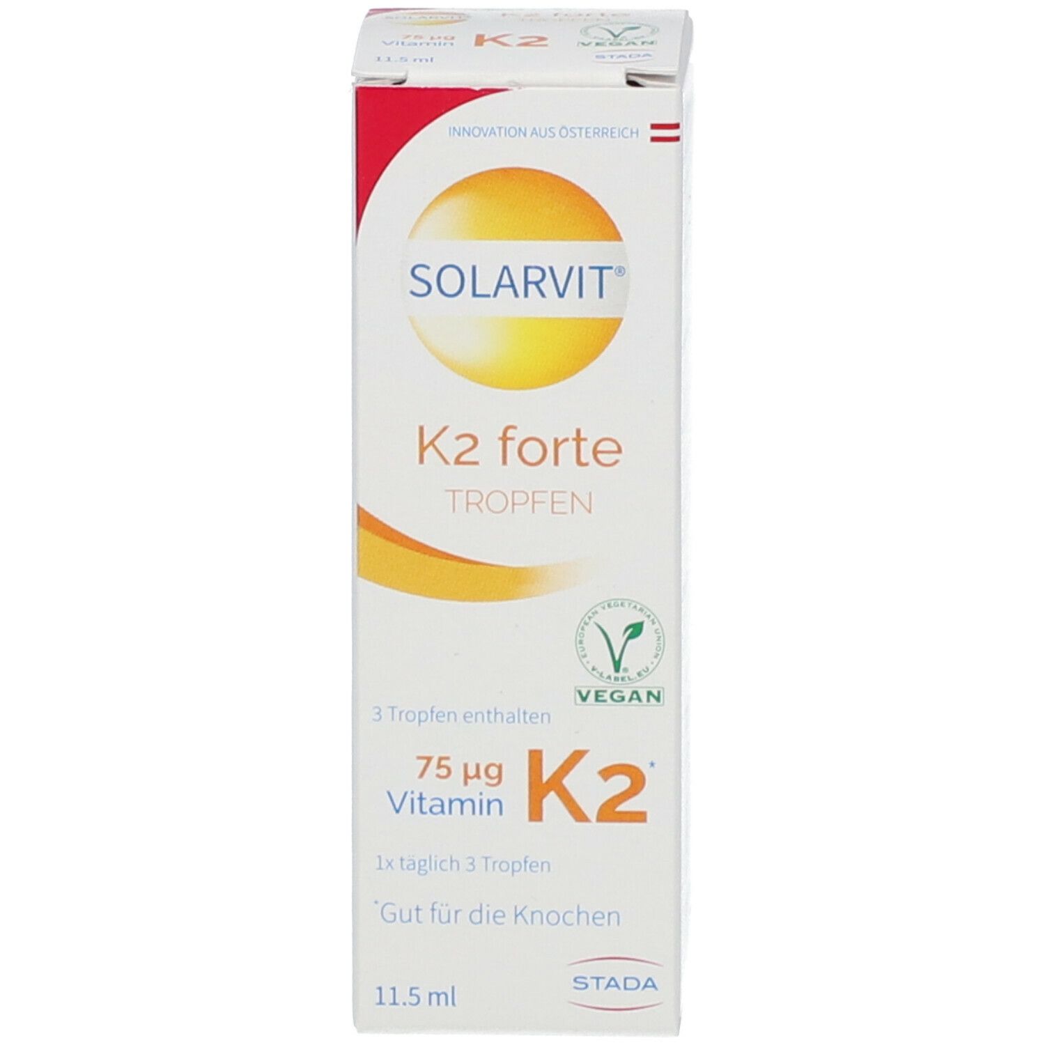 Verpackung von Solarvit K2 forte Tropfen. Aufschrift: Vegan-Siegel, 75 µg Vitamin K2, 1x täglich 3 Tropfen.
