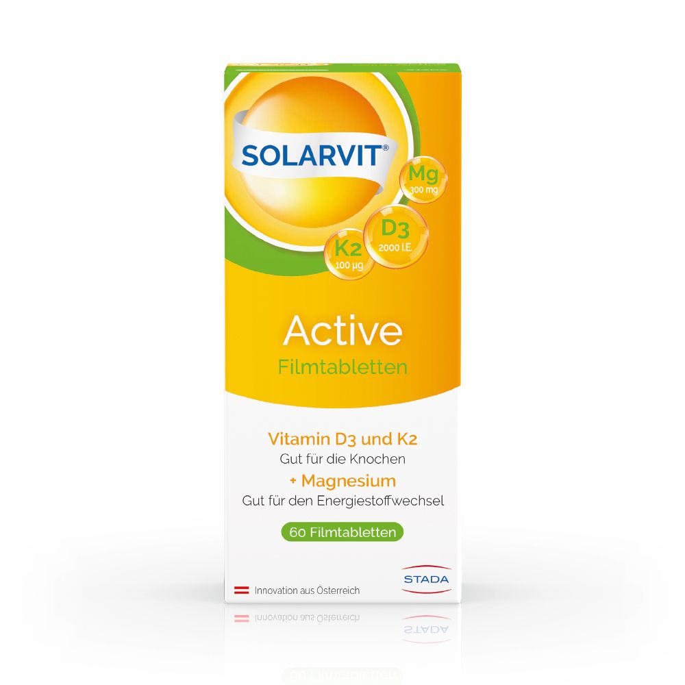 Solarvit Active Filmtabletten-Packung. Enthält Vitamin D3, K2 und Magnesium. 60 Filmtabletten.