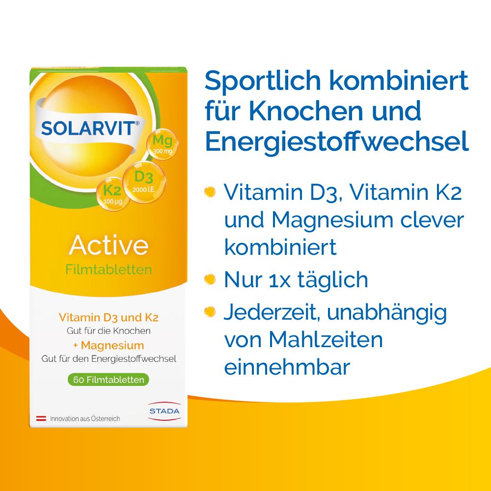 Solarvit Active Filmtabletten-Packung. Enthält Vitamin D3, K2 und Magnesium. 50 Filmtabletten.