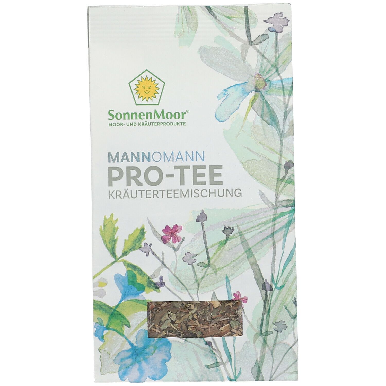 Beutel mit Kräutermischung. Sichtfenster zeigt Inhalt. Aufdruck: SonnenMoor, MANNOMANN PRO-TEE Kräutermischung.