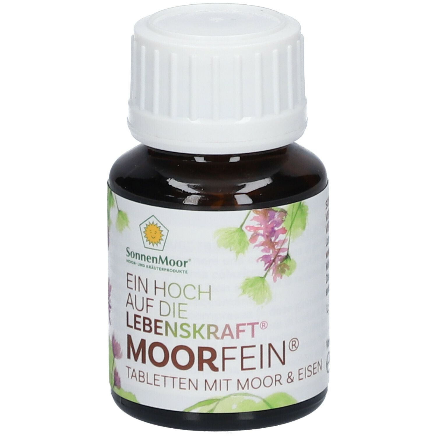 Braune Glasflasche mit weißem Deckel. Etikett: SonnenMoor, MoorFein Tabletten mit Moor & Eisen. Floral.
