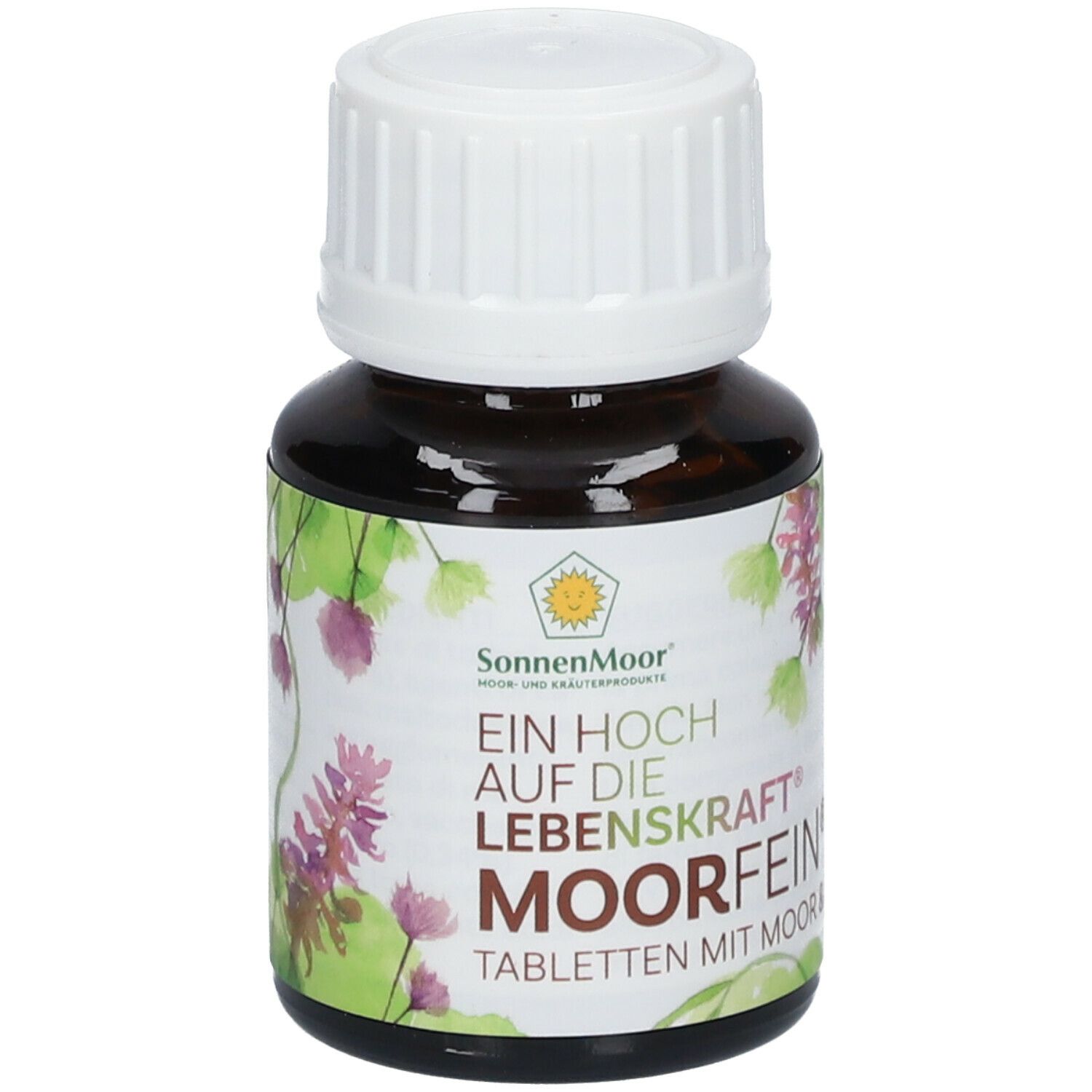 Braune Glasflasche mit weißem Deckel. Etikett: SonnenMoor, MoorFein Tabletten mit Moor & Eisen. Floral.