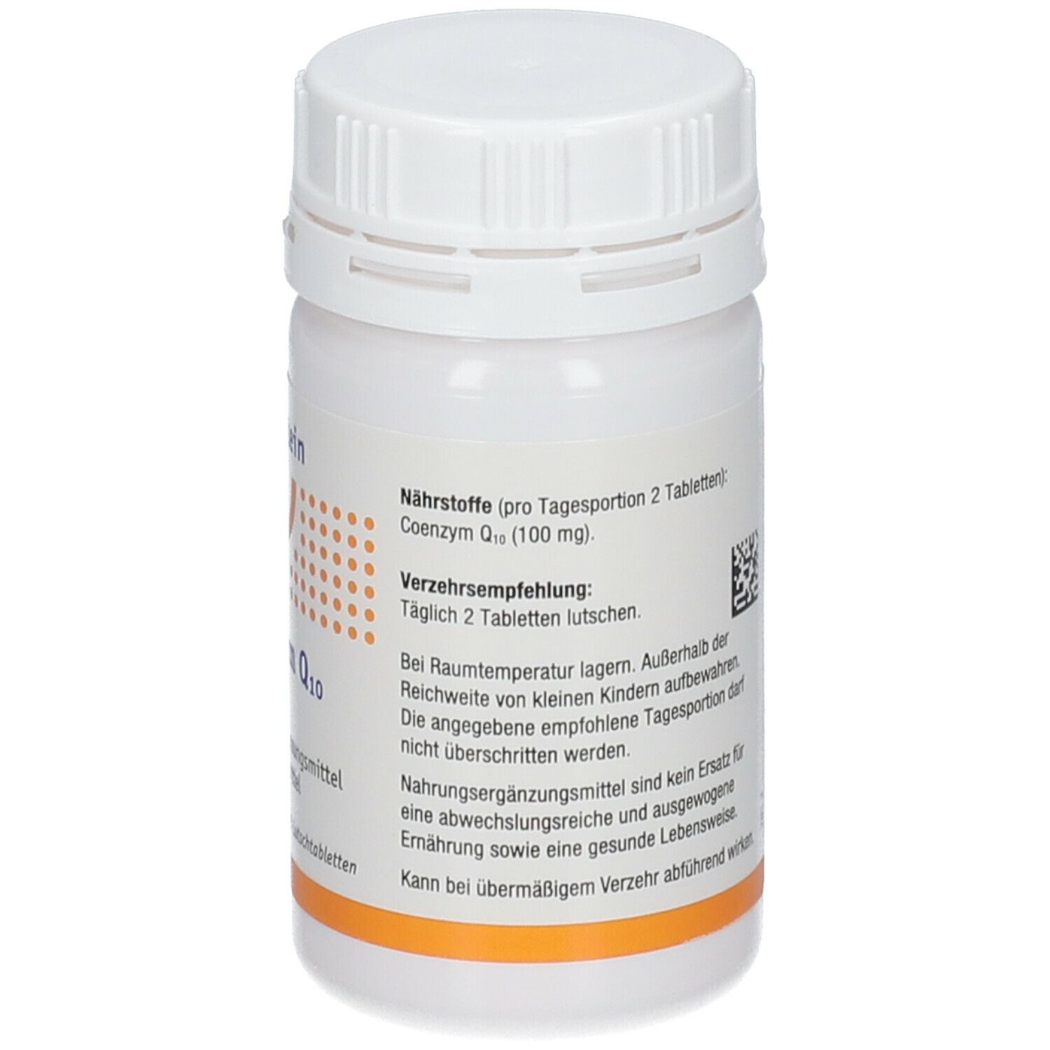 Rückseite einer weißen Tablettenflasche. Aufschrift: Nährstoffe, Verzehrsempfehlung: Täglich 2 Lutschtabletten.