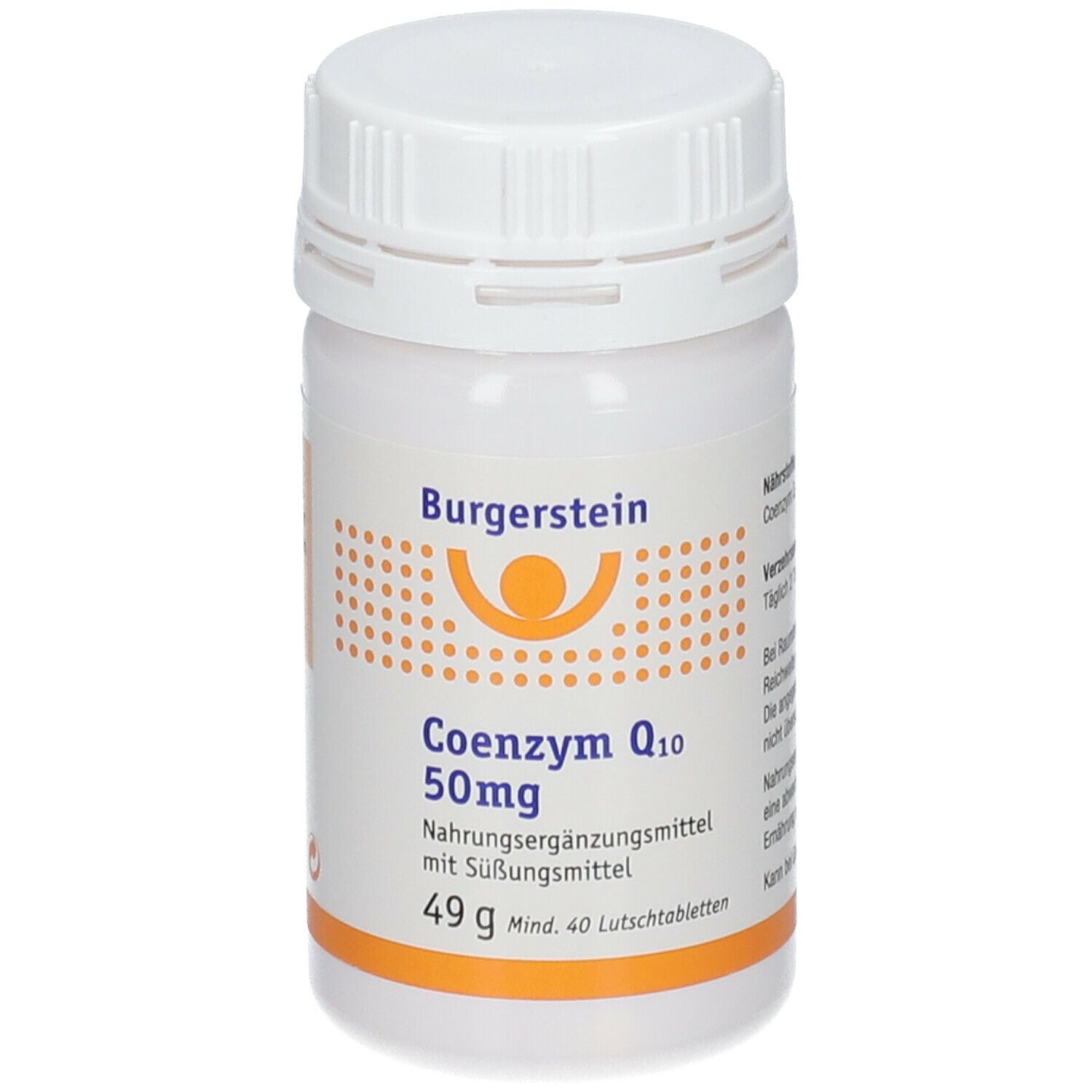 Weiße Tablettenflasche mit Schraubverschluss. Aufschrift: Burgerstein Coenzym Q10 50mg. 49g, mind. 40 Lutschtabletten.