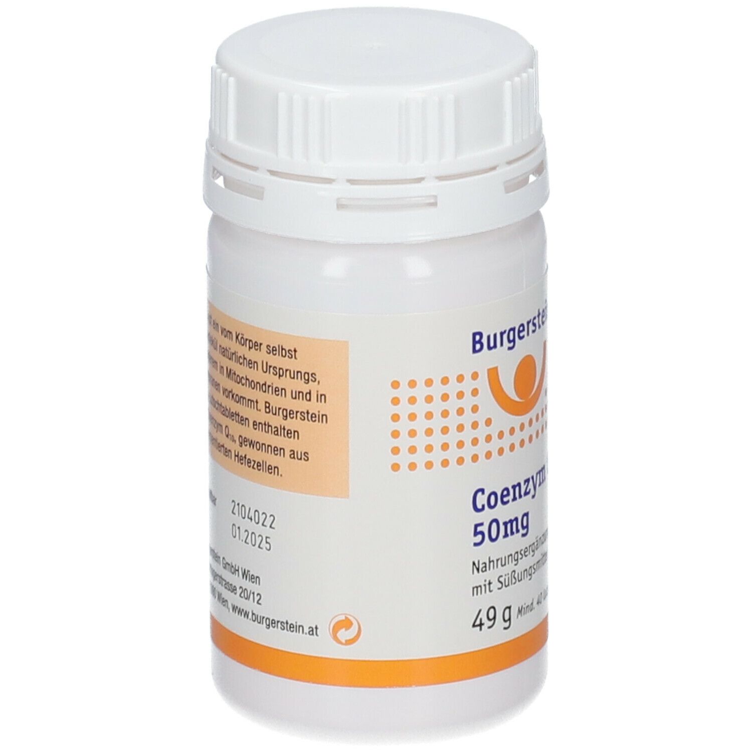 Weiße Tablettenflasche mit Schraubverschluss. Aufschrift: Burgerstein Coenzym Q10 50mg. 49g, mind. 40 Lutschtabletten.