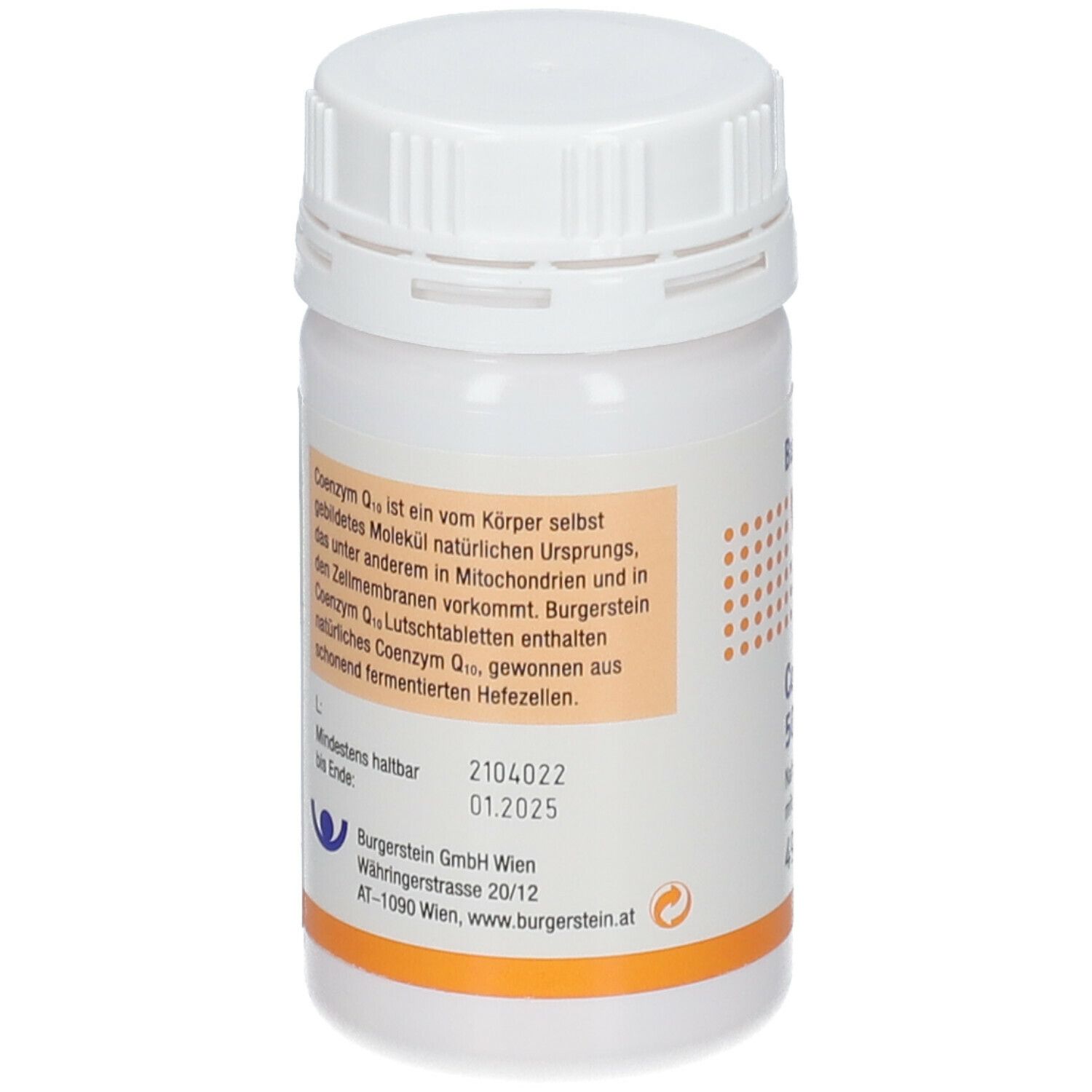 Weiße Tablettenflasche mit Schraubverschluss. Aufschrift: Burgerstein Coenzym Q10 50mg. Mind. haltbar bis 01.2025.