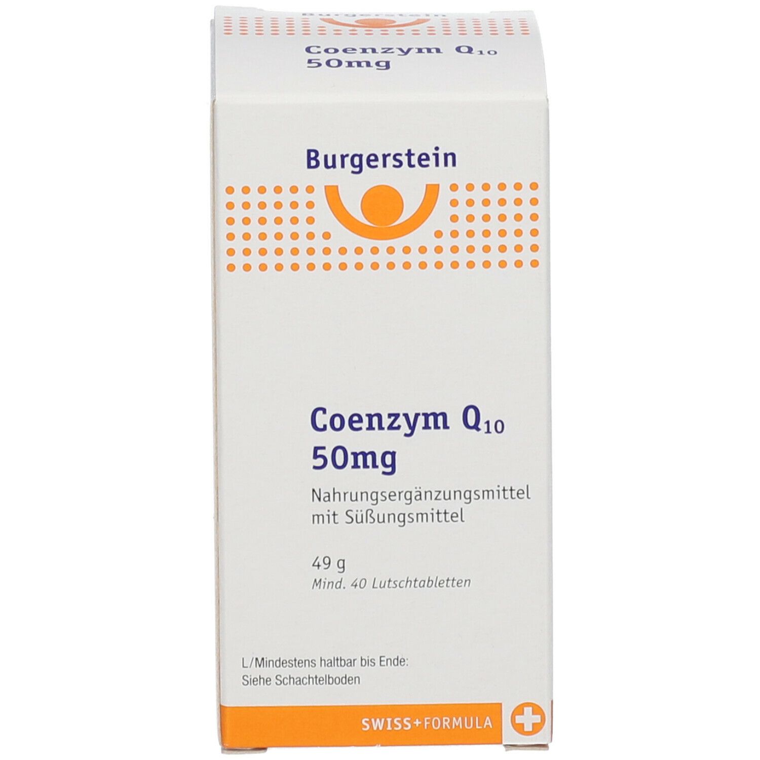 Weiße Schachtel. Aufschrift: Burgerstein Coenzym Q10 50mg. 49g, mind. 40 Lutschtabletten. Swiss+Formula.