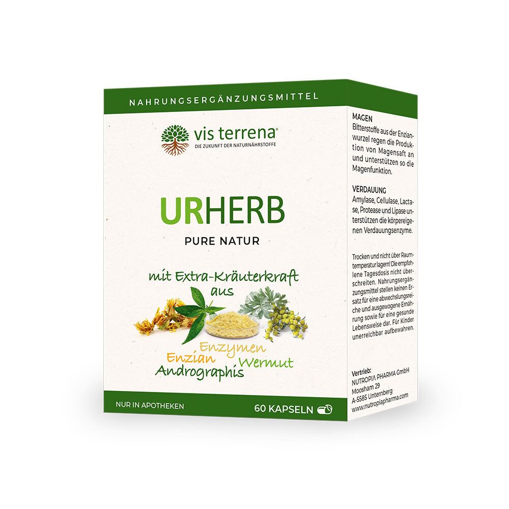 Karton mit Nahrungsergänzungsmittel URHERB. Aufschrift: Pure Natur, mit Extra-Kräuterkraft aus Enzian, Wermut, Andrographis. 60 Kapseln.