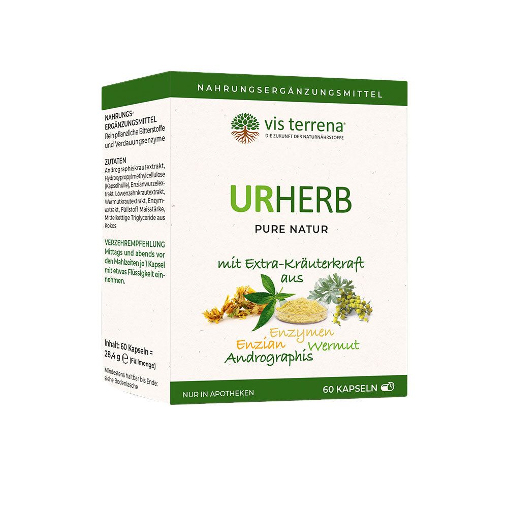 Karton mit Nahrungsergänzungsmittel URHERB. Aufschrift: Pure Natur, mit Extra-Kräuterkraft aus Enzian, Wermut, Andrographis. 60 Kapseln.