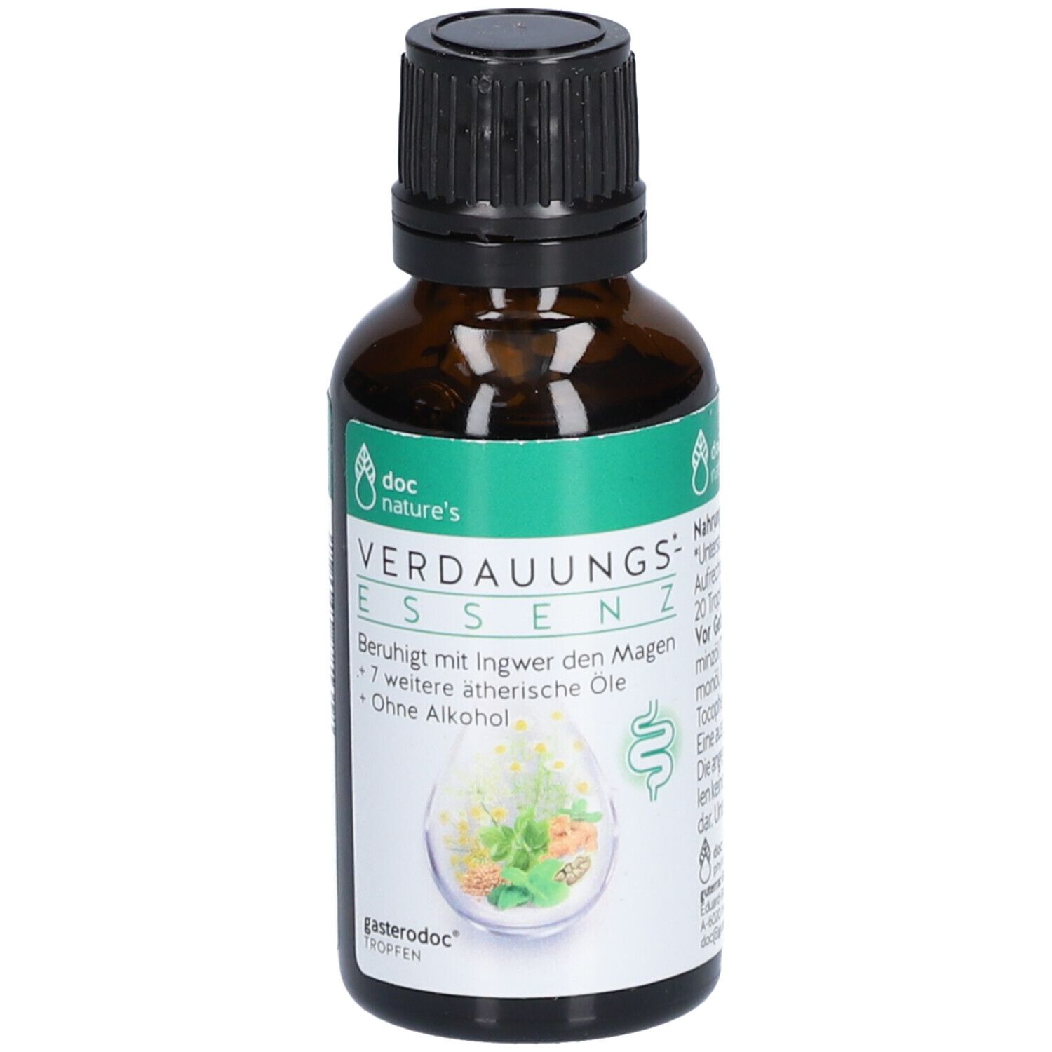 Braune Glasflasche mit schwarzem Deckel. Etikett mit Produktnamen und Inhaltsstoffen. Marke: doc nature's.