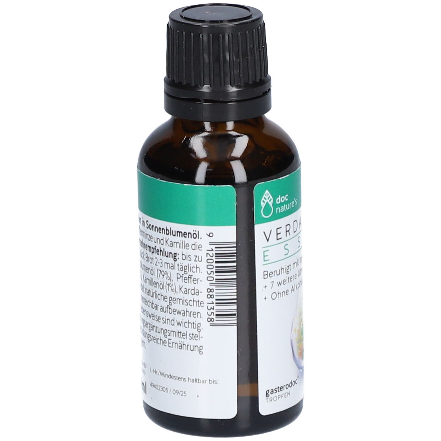 Braune Glasflasche mit schwarzem Deckel. Etikett mit Produktinformationen und Inhaltsstoffen. Marke: doc nature's.