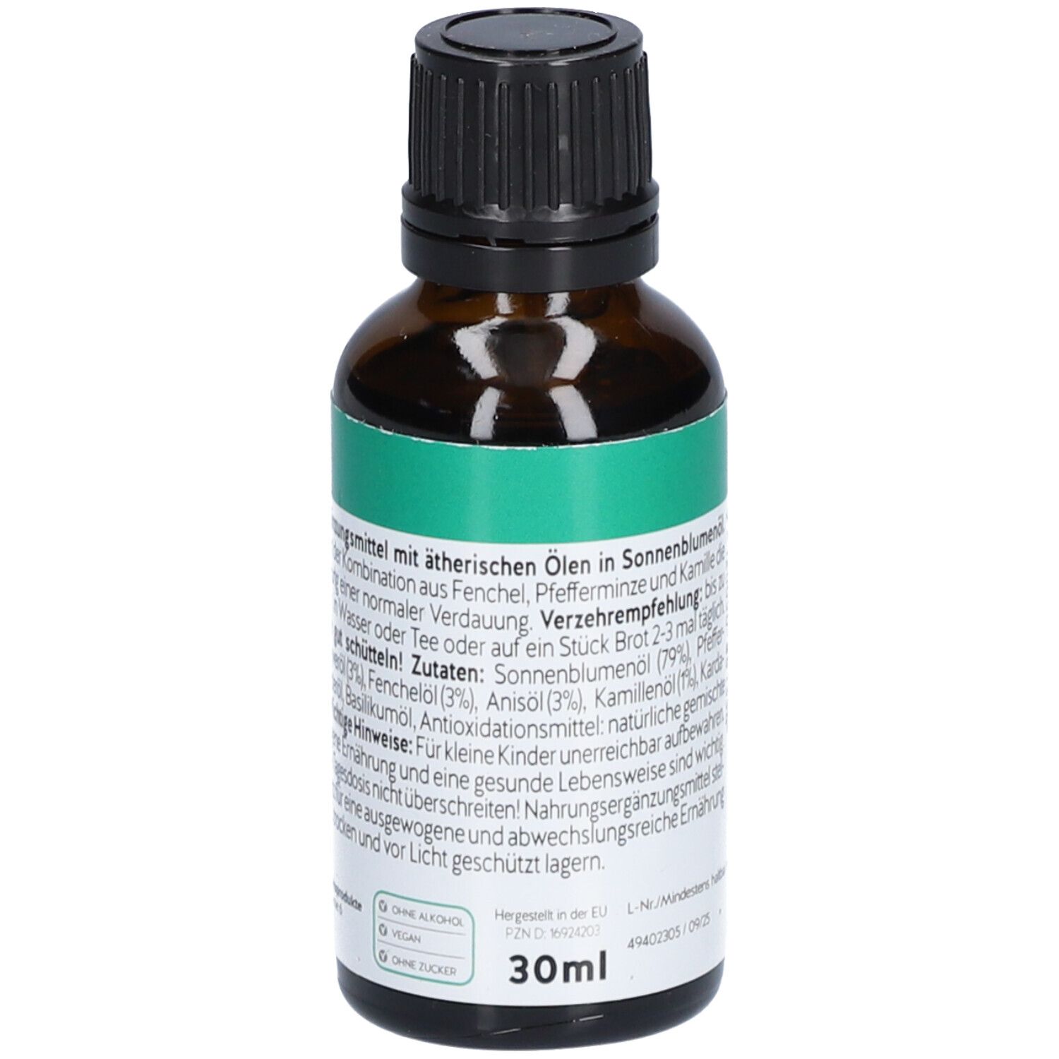 Braune Glasflasche mit schwarzem Deckel. Etikett mit Produktinformationen und Volumenangabe: 30ml.