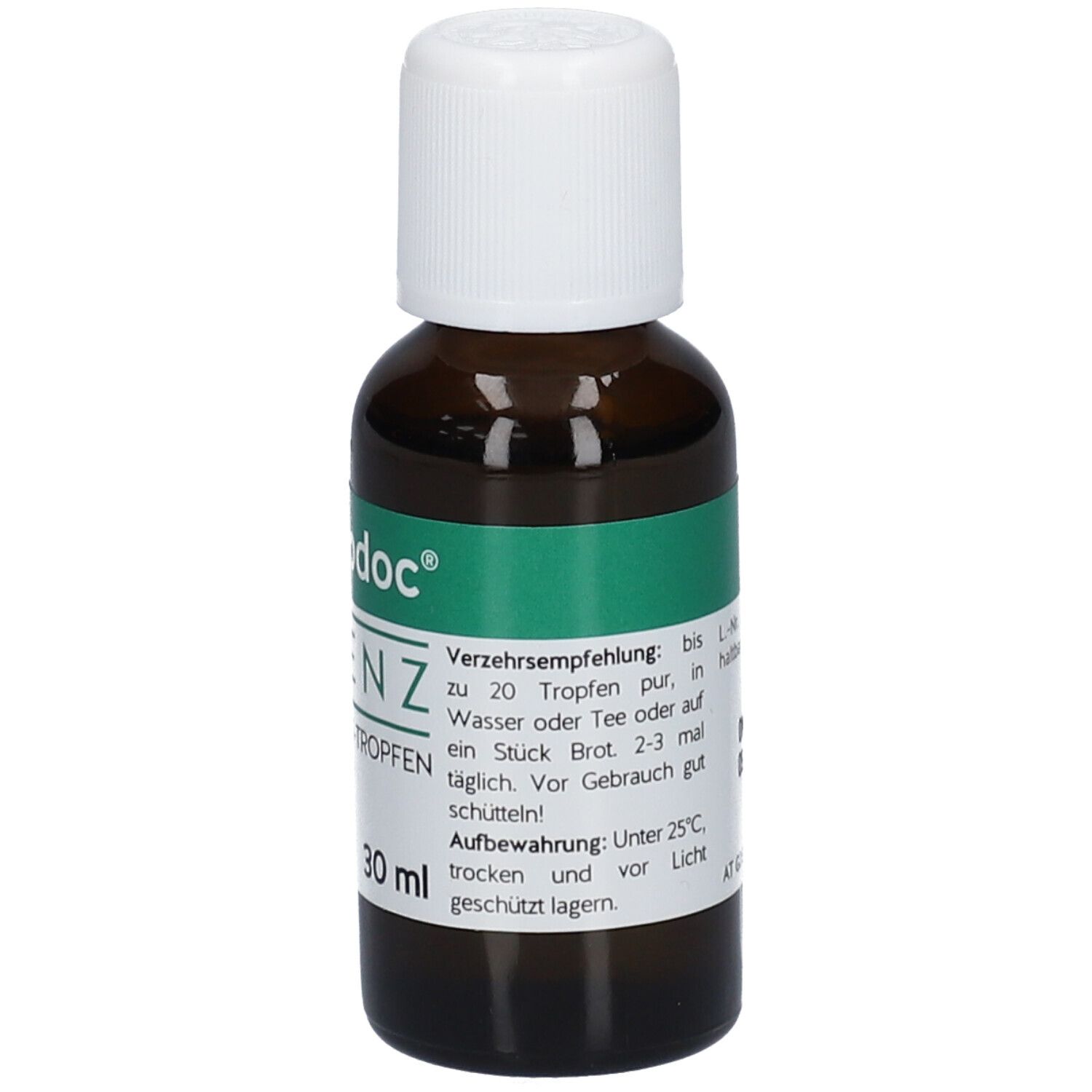 Braune Glasflasche mit schwarzem Deckel. Etikett mit Produktnamen und Inhaltsstoffen. Marke: doc nature's.