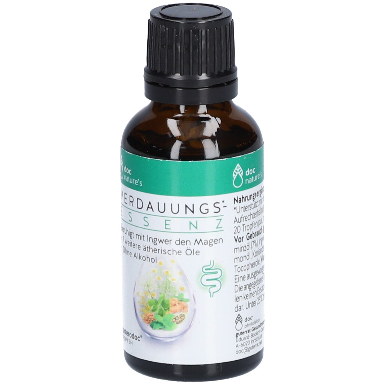 Braune Glasflasche mit schwarzem Deckel. Etikett mit Produktinformationen. Marke: doc nature's.