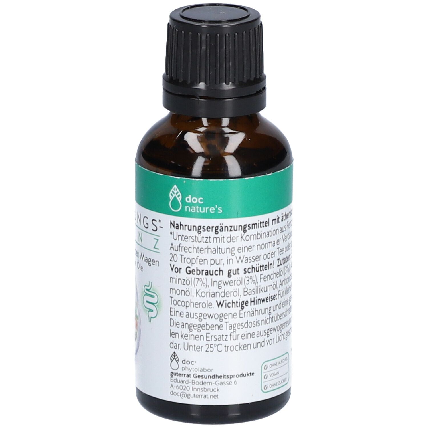 Braune Glasflasche mit schwarzem Deckel. Etikett mit Produktinformationen. Marke: doc nature's.