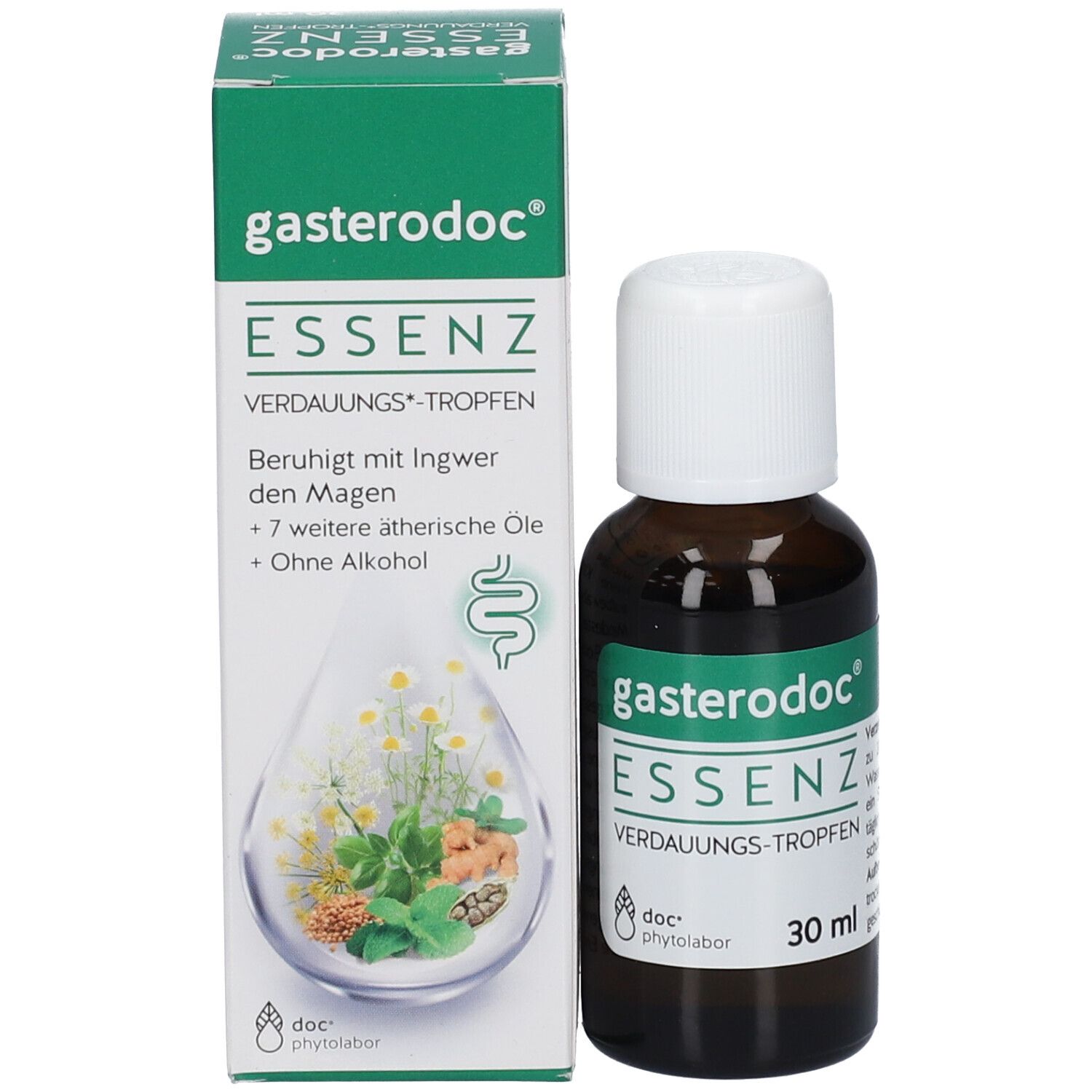 Produktverpackung mit Flasche. Karton und Flasche mit Produktnamen und Marke: gasterodoc ESSENZ.