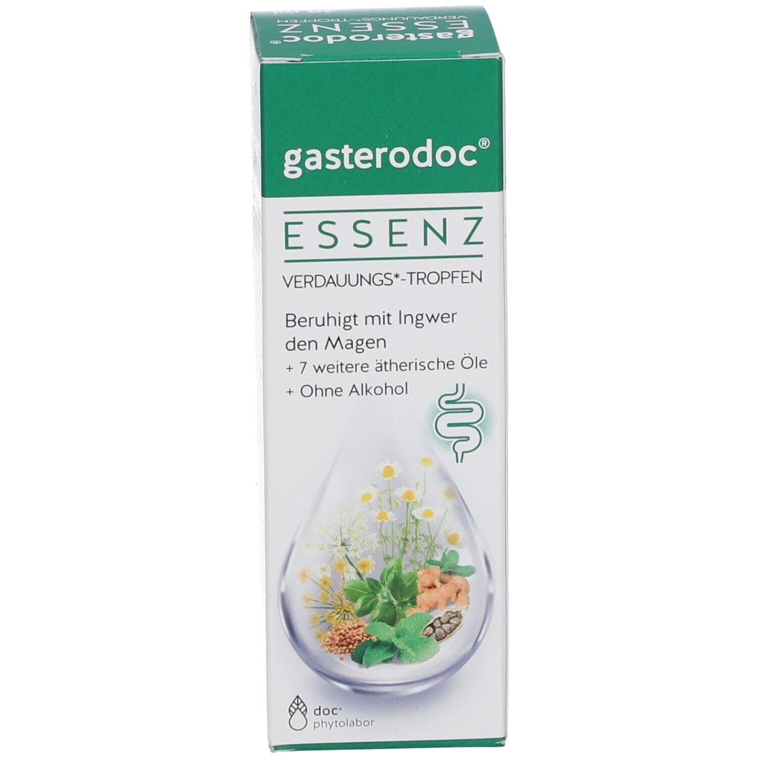 Produktverpackung. Karton mit Produktnamen und Marke: gasterodoc ESSENZ. Abbildung von Inhaltsstoffen.