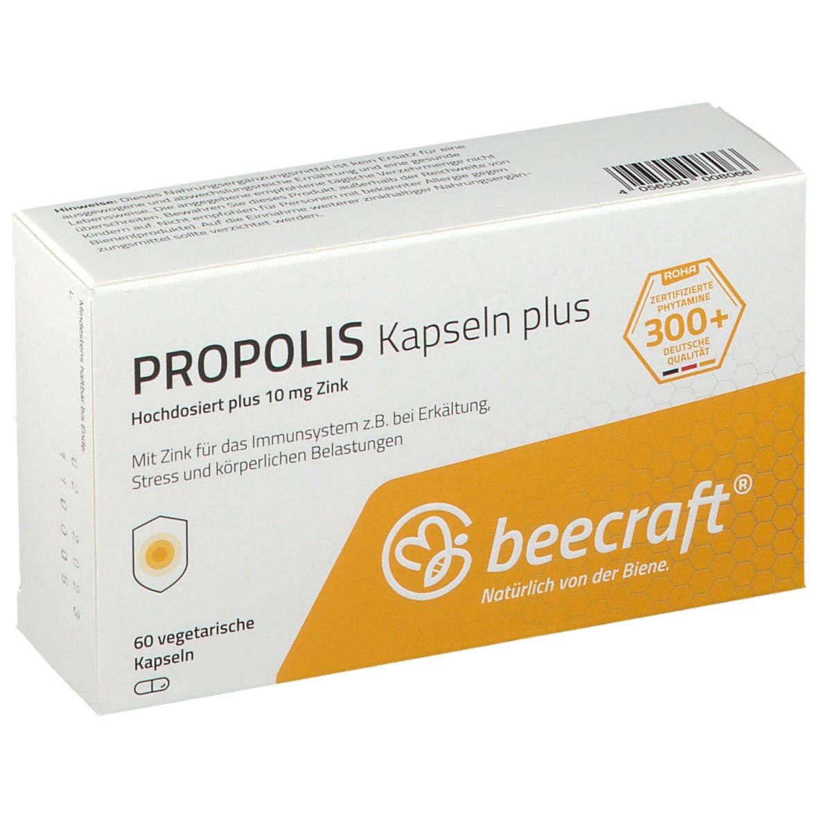 beecraft® Propolis Kapseln plus Packung. 60 vegetarische Kapseln. Enthält Zink. Gelb-weiße Verpackung.