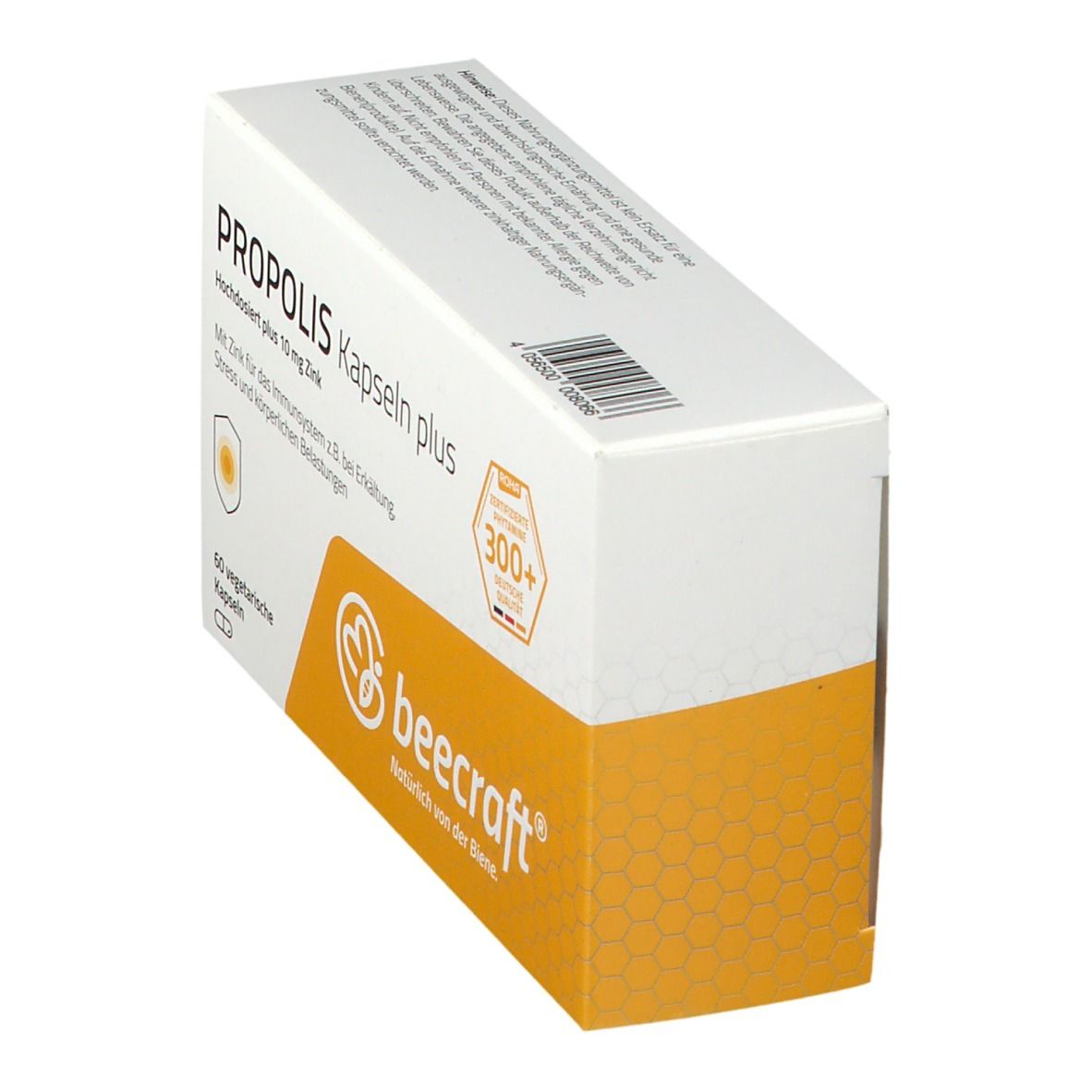 beecraft® Propolis Kapseln plus Packung, schräg. 60 Kapseln. Gelb-weiße Verpackung mit Logo und Text.