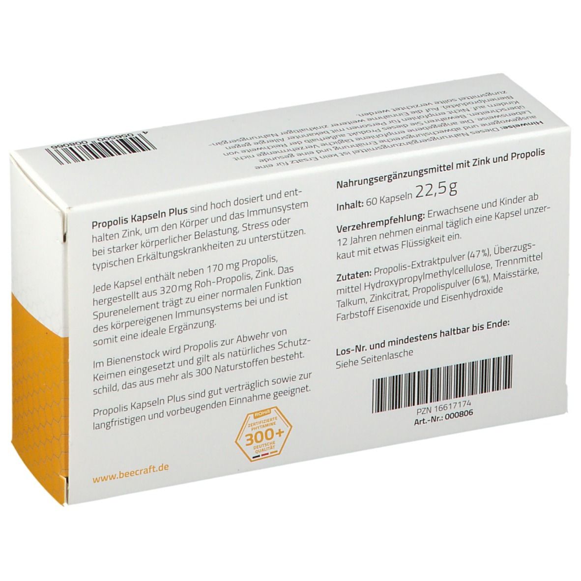 Rückseite der beecraft® Propolis Kapseln plus Packung. Text über Inhaltsstoffe und Anwendung. Gelb-weiße Verpackung.