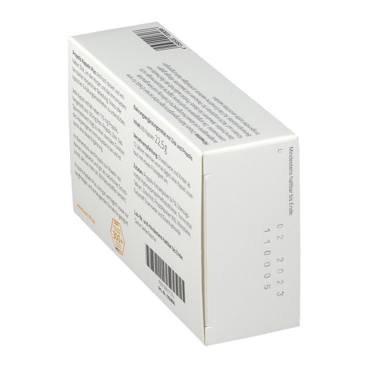 Rückseite der beecraft® Propolis Kapseln plus Packung, schräg. Text und Barcode. Gelb-weiße Verpackung.