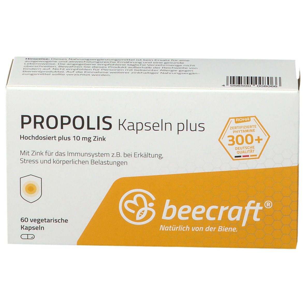 beecraft® Propolis Kapseln plus Packung. 60 Kapseln. Logo und Text. Gelb-weiße Verpackung. Zertifizierungen.