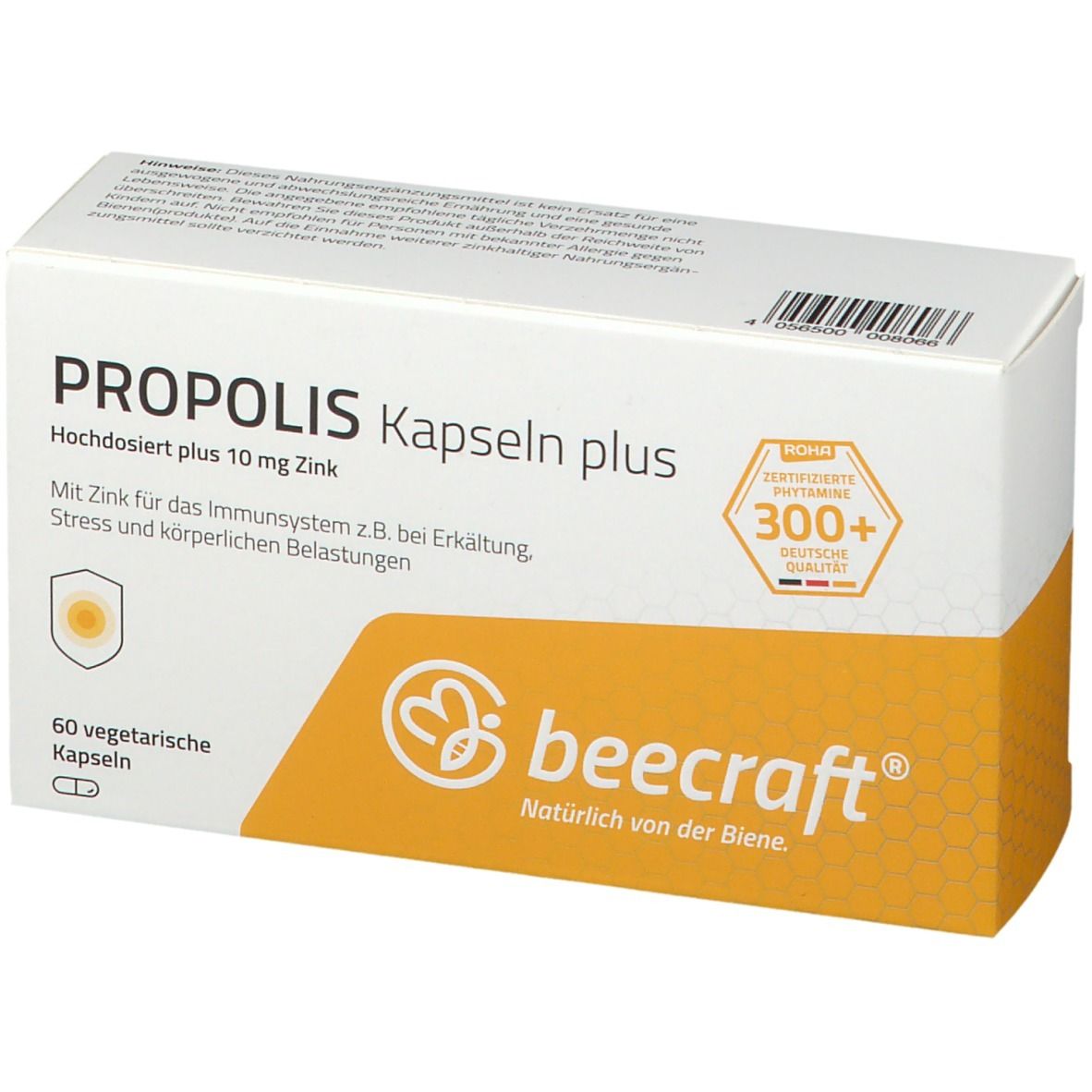 beecraft® Propolis Kapseln plus Packung. 60 Kapseln. Logo und Text. Gelb-weiße Verpackung. Zertifizierungen.