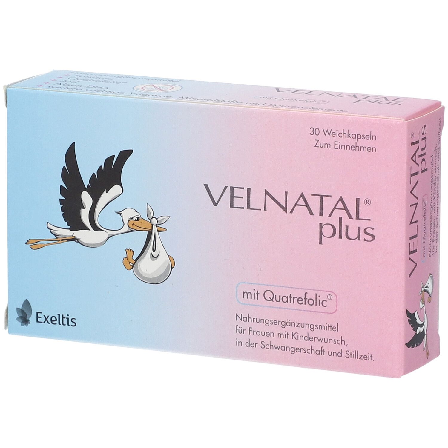 Schachtel VELNATAL plus mit Quatrefolic. Abbildung eines Storches. 30 Weichkapseln. Nahrungsergänzungsmittel für Schwangere.