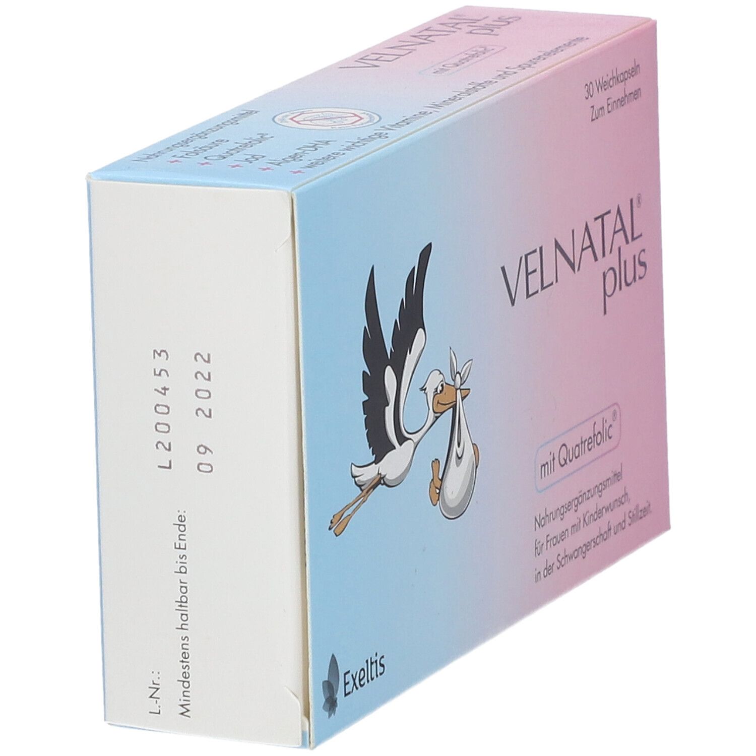 Schachtel VELNATAL plus mit Quatrefolic. Storch-Illustration. 30 Weichkapseln. Nahrungsergänzungsmittel für Schwangere.