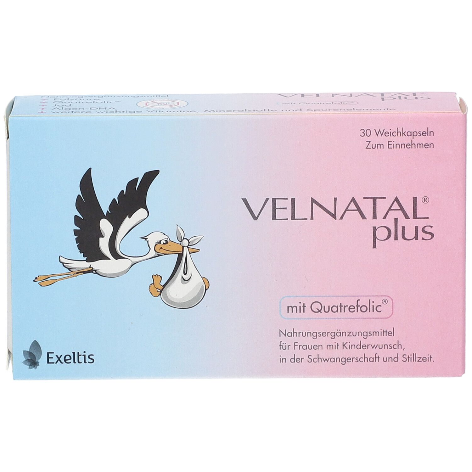 Schachtel VELNATAL plus mit Quatrefolic. Storch-Illustration. 30 Weichkapseln. Nahrungsergänzungsmittel für Schwangere.