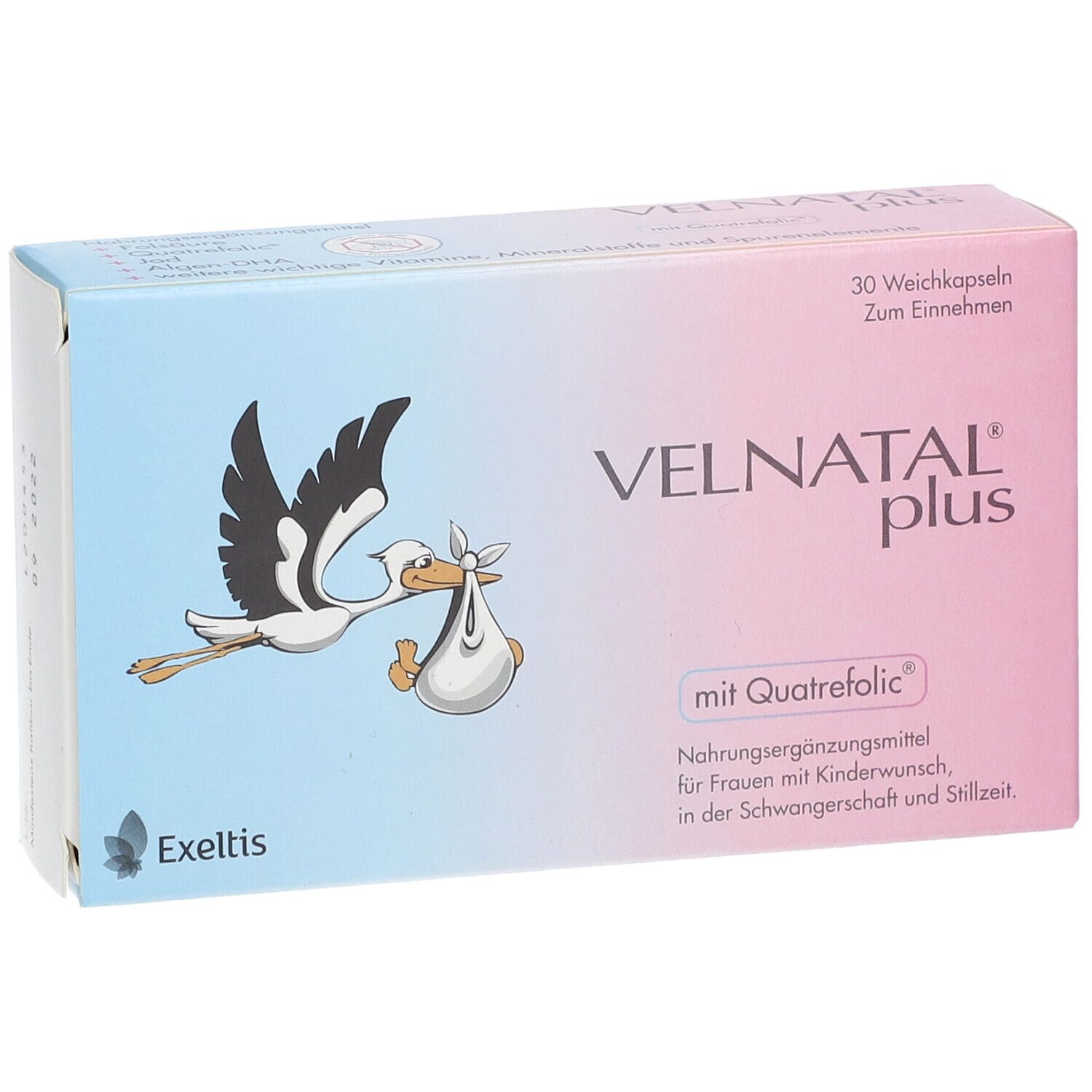 Schachtel VELNATAL plus mit Quatrefolic. Storch-Illustration. 30 Weichkapseln. Nahrungsergänzungsmittel für Schwangere.