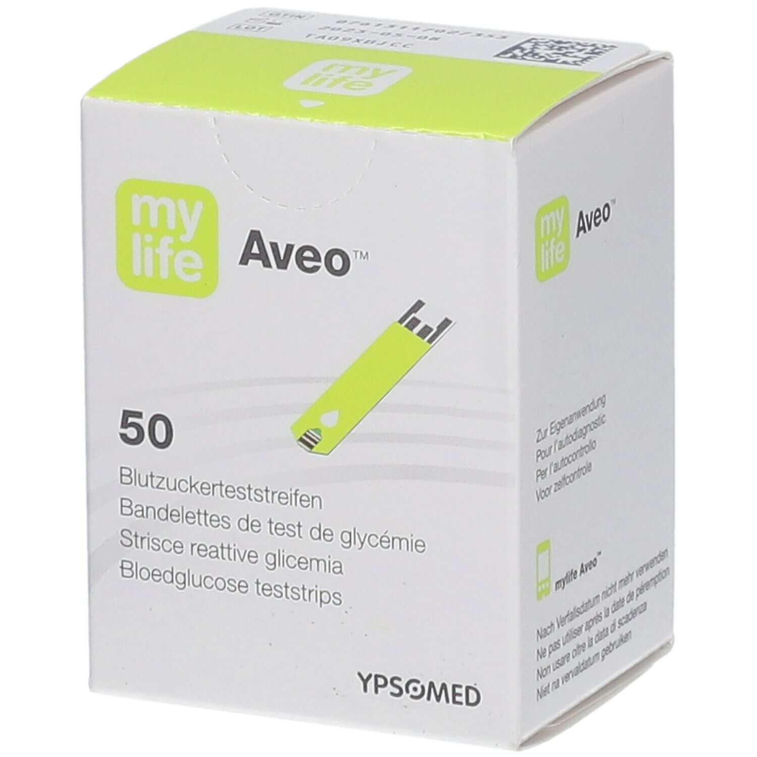 Schachtel mylife Aveo™ Blutzuckerteststreifen. 50 Teststreifen. Grün-weißes Design. YPSOMED-Logo.