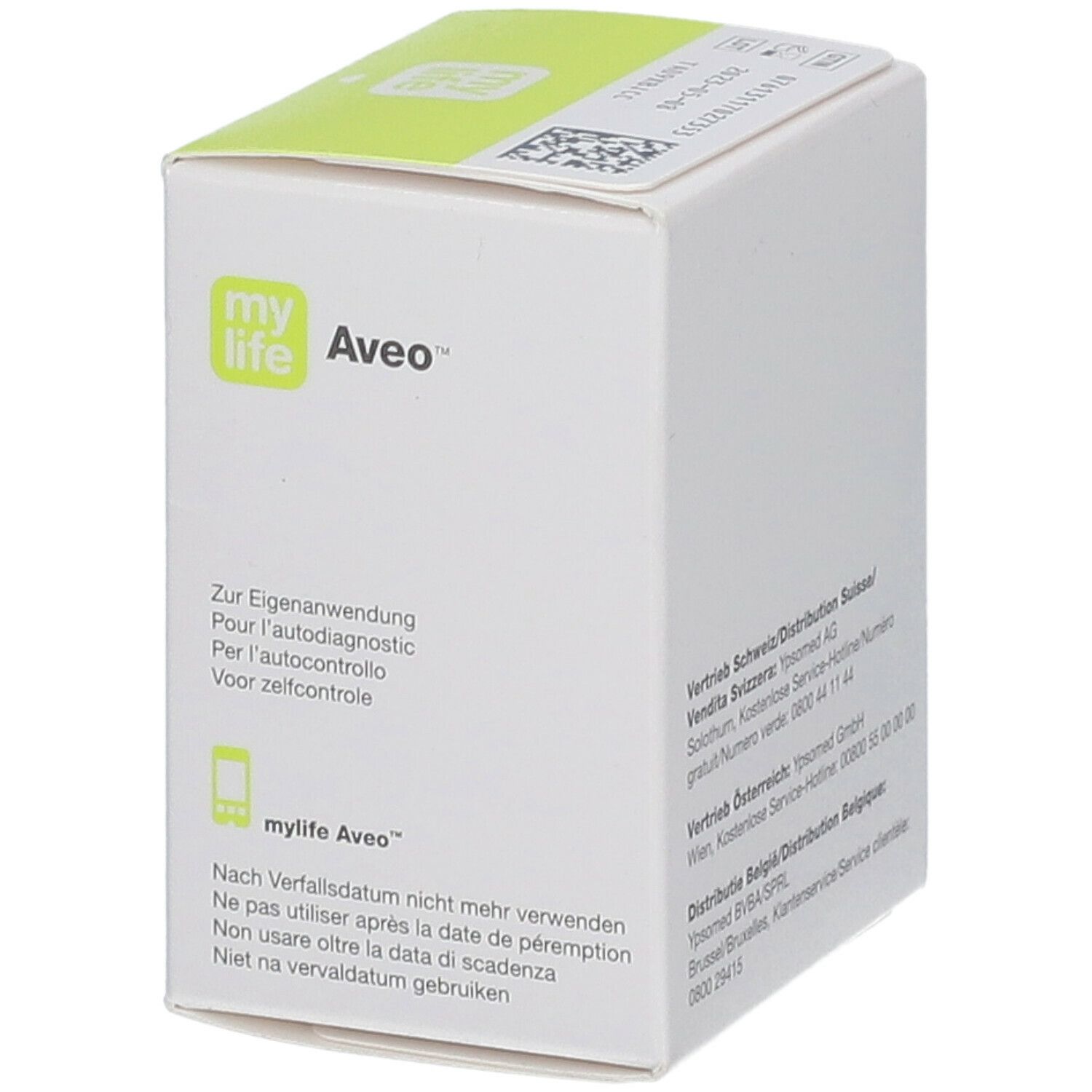 Seite der Schachtel mylife Aveo™ Blutzuckerteststreifen. Text zur Eigenanwendung, Verfallsdatum.