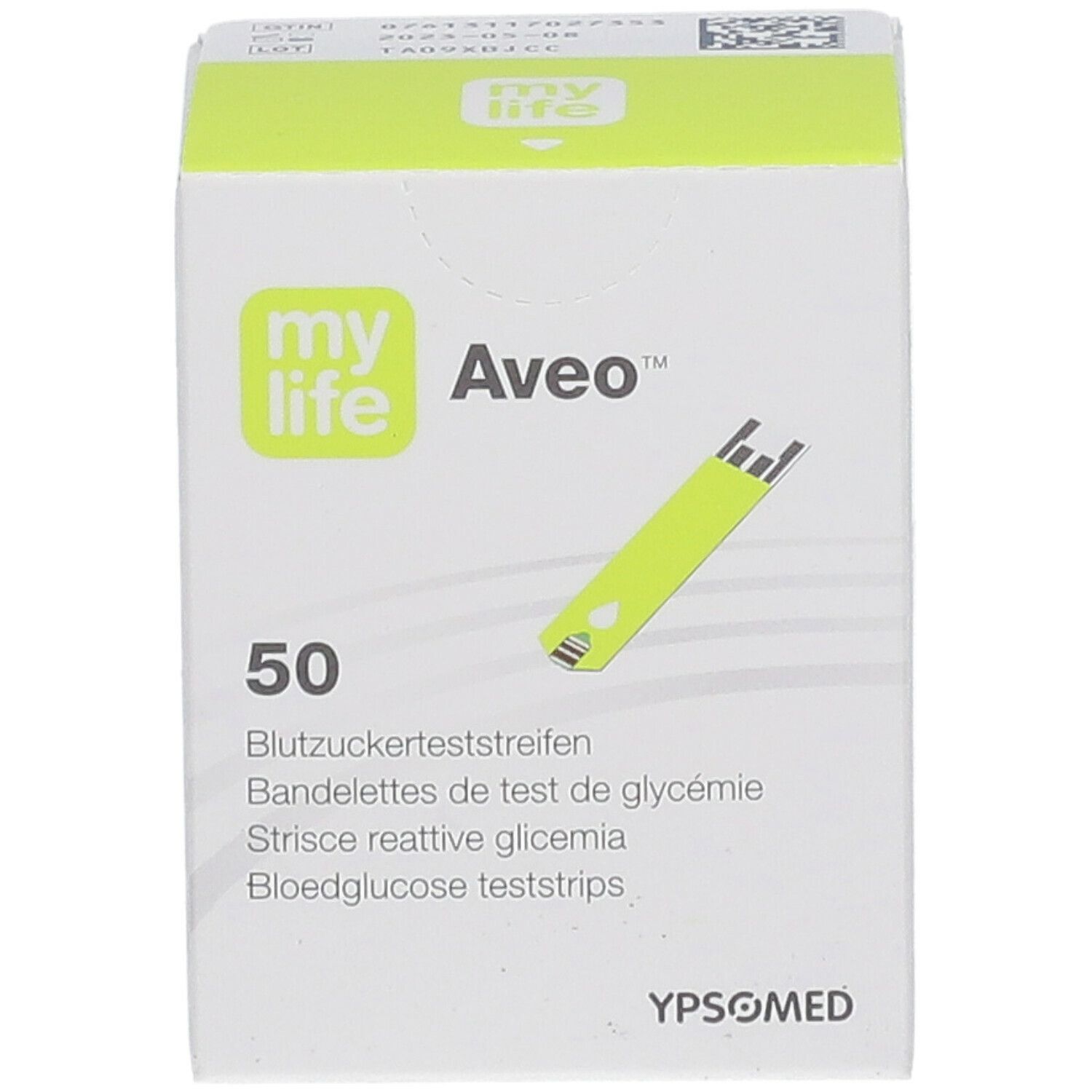 Schachtel mylife Aveo™ Blutzuckerteststreifen. 50 Teststreifen. Grün-weißes Design. YPSOMED-Logo.