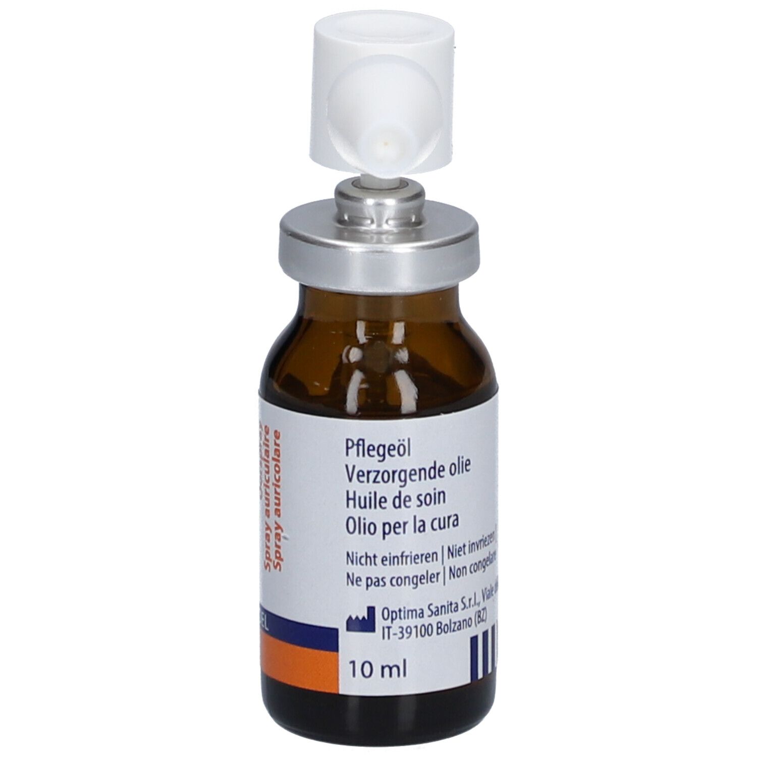Braune Glasflasche mit Sprühkopf. Aufschrift: Pflegeöl. Text in mehreren Sprachen. 10 ml.