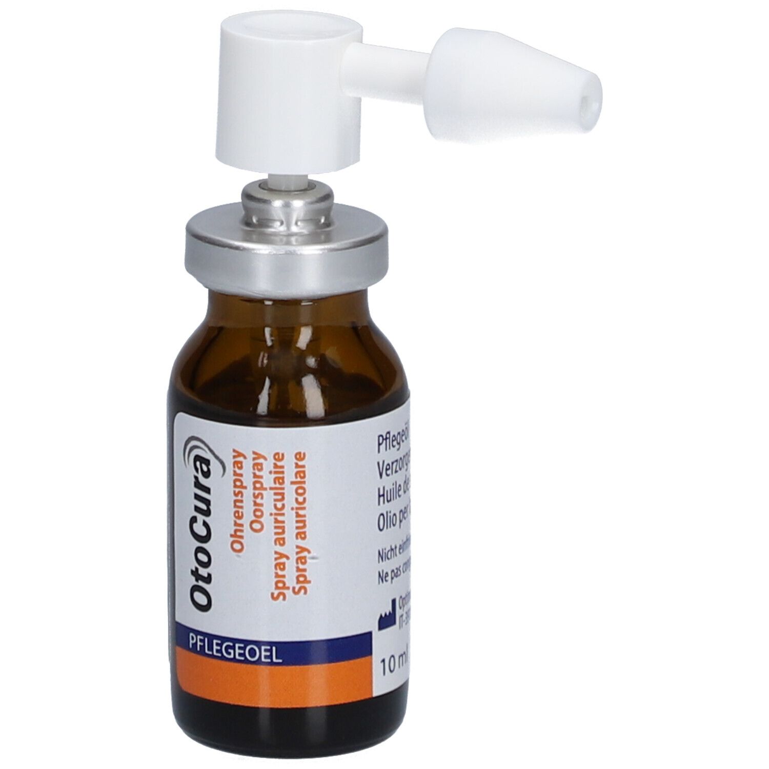 Braune Glasflasche mit Sprühkopf. Aufschrift: OtoCura Ohrenspray Pflegeöl. Weißer Sprühkopf. 10 ml.