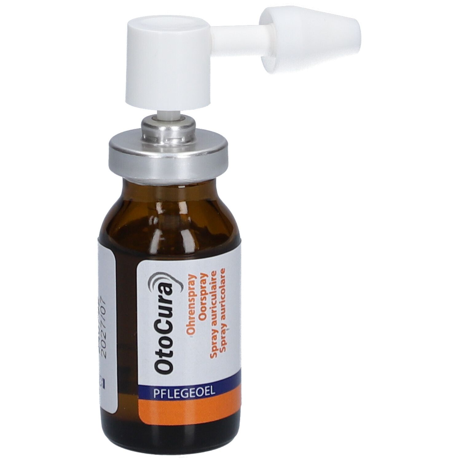 Braune Glasflasche mit Sprühkopf. Aufschrift: OtoCura Ohrenspray Pflegeöl. Weißer Sprühkopf. 10 ml.