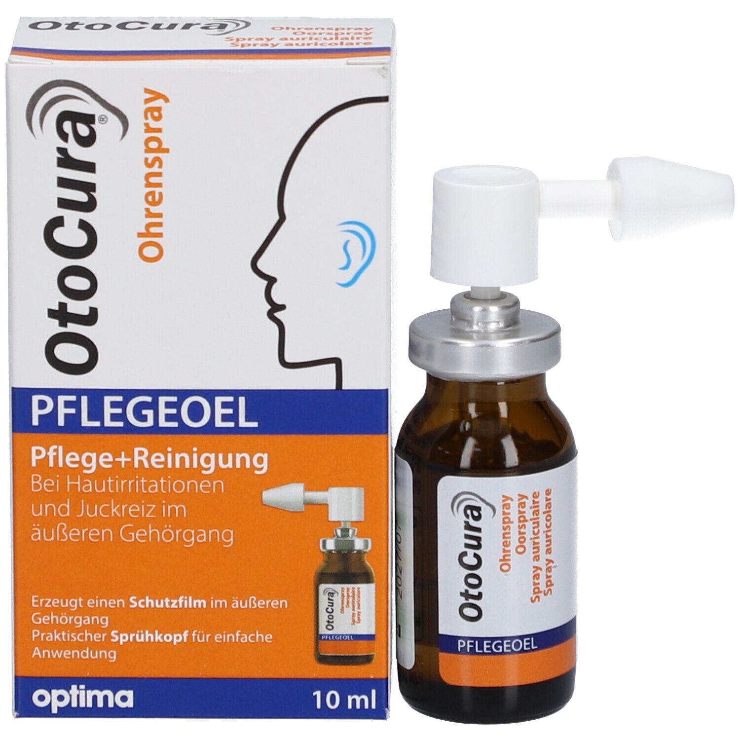 Produktverpackung mit Flasche und Sprühkopf. Aufschrift: OtoCura Ohrenspray Pflegeöl. 10 ml. Abbildung eines Ohrs.