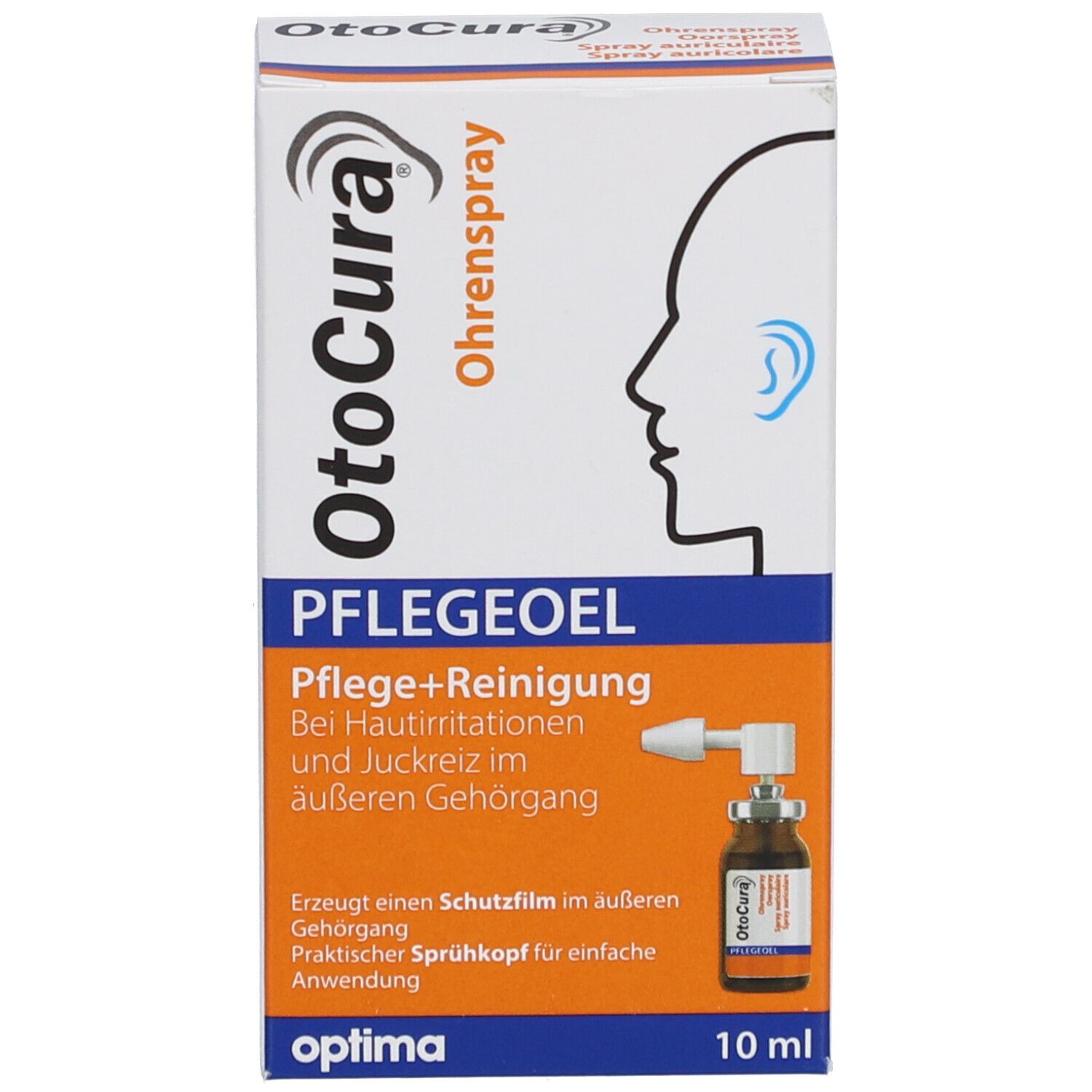 Produktverpackung mit Flasche und Sprühkopf. Aufschrift: OtoCura Ohrenspray Pflegeöl. 10 ml. Abbildung eines Ohrs.