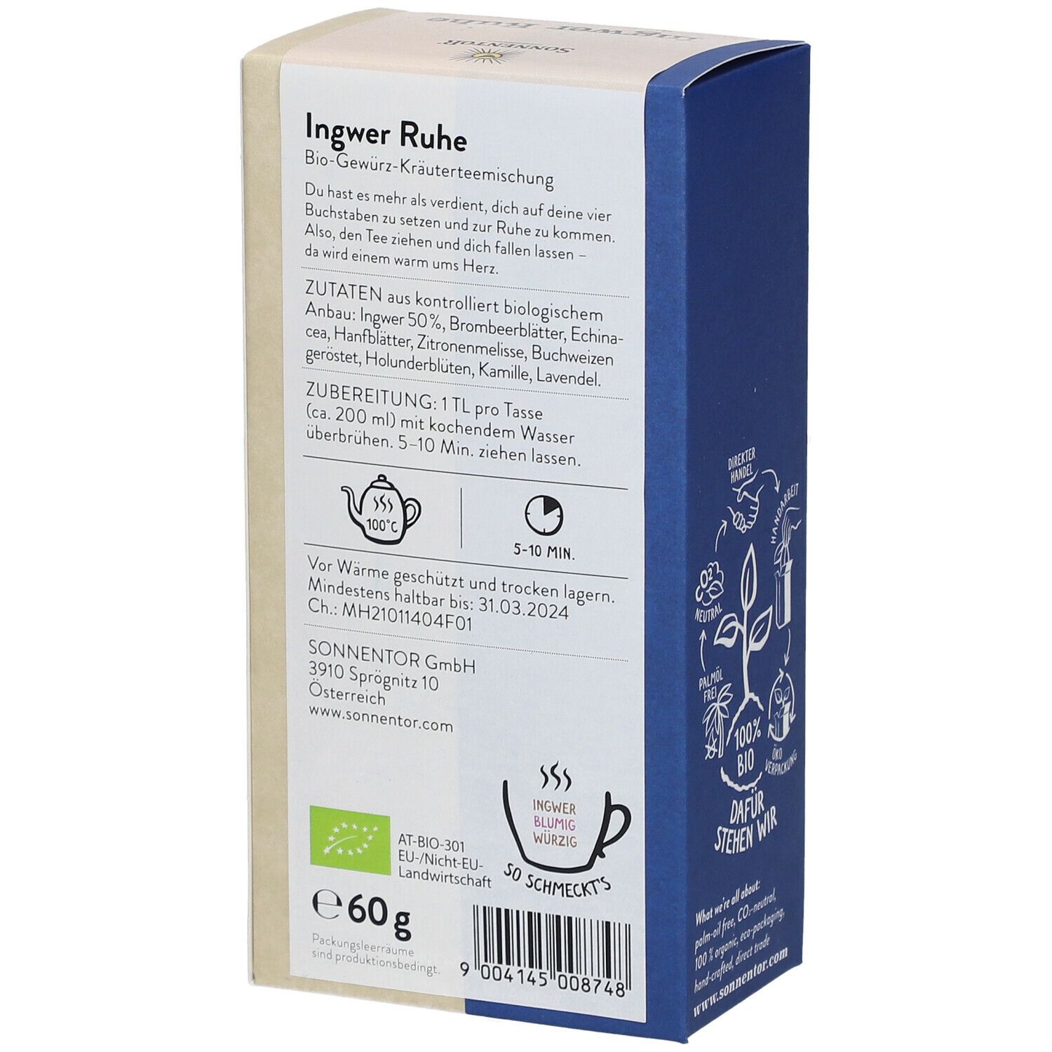 Rückseite der Teebox. Text mit Zutaten und Zubereitung. Logo und Informationen von SonnentoR. Bio-Siegel.