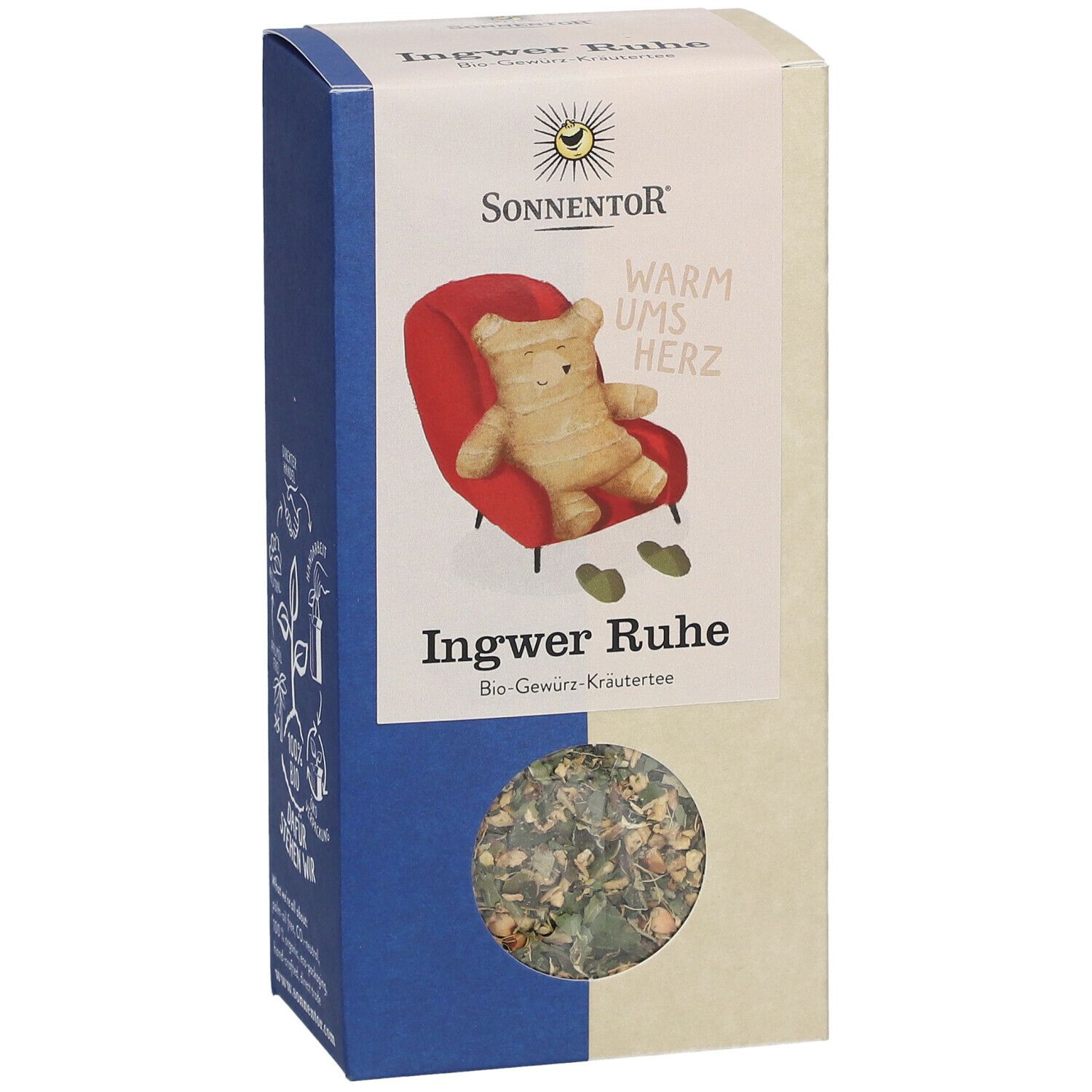 Karton mit Ingwer Ruhe Tee. SonnentoR Logo. Abbildung eines Bären in einem Stuhl. Sichtfenster mit Kräutermischung.