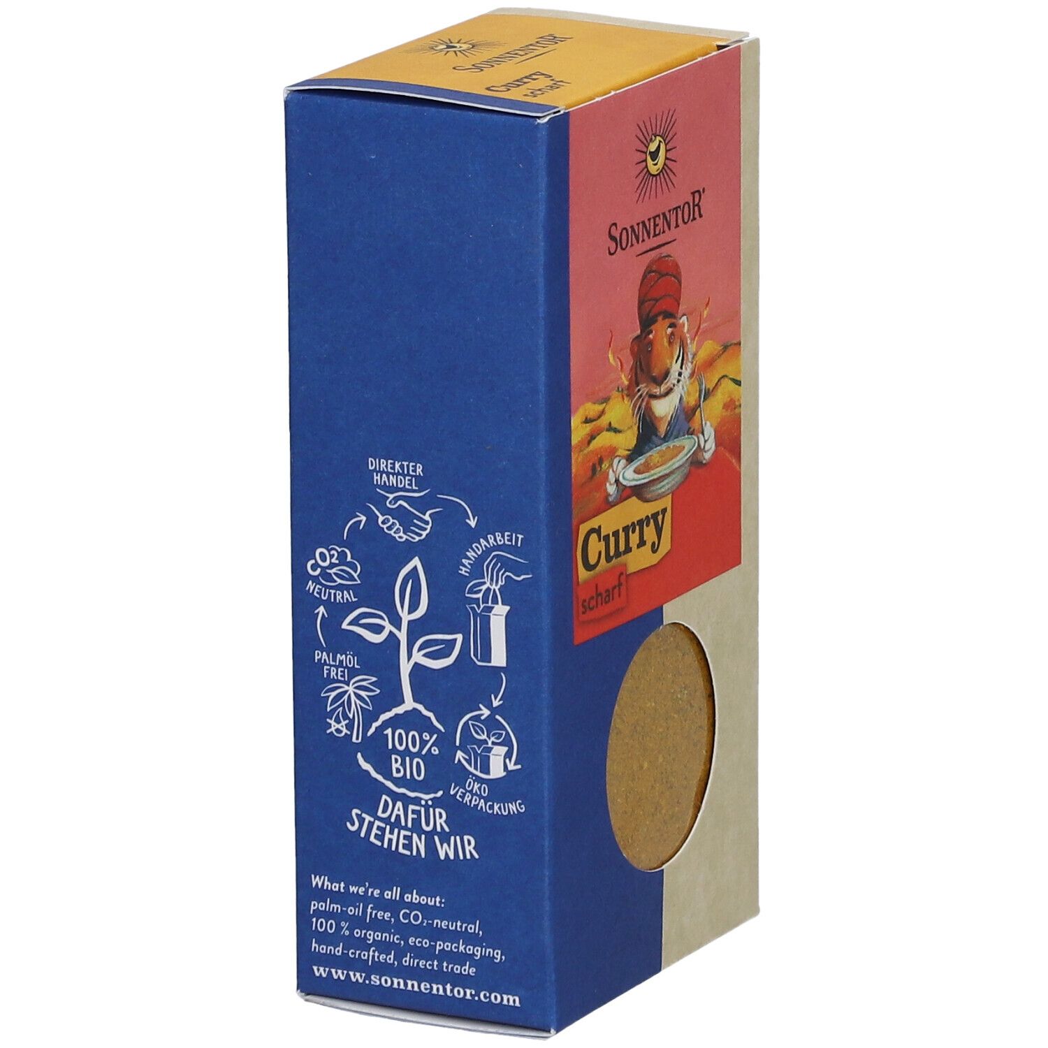Blaue Seite der SonnentoR Curry scharf Verpackung. Illustrationen und Text über Nachhaltigkeit.