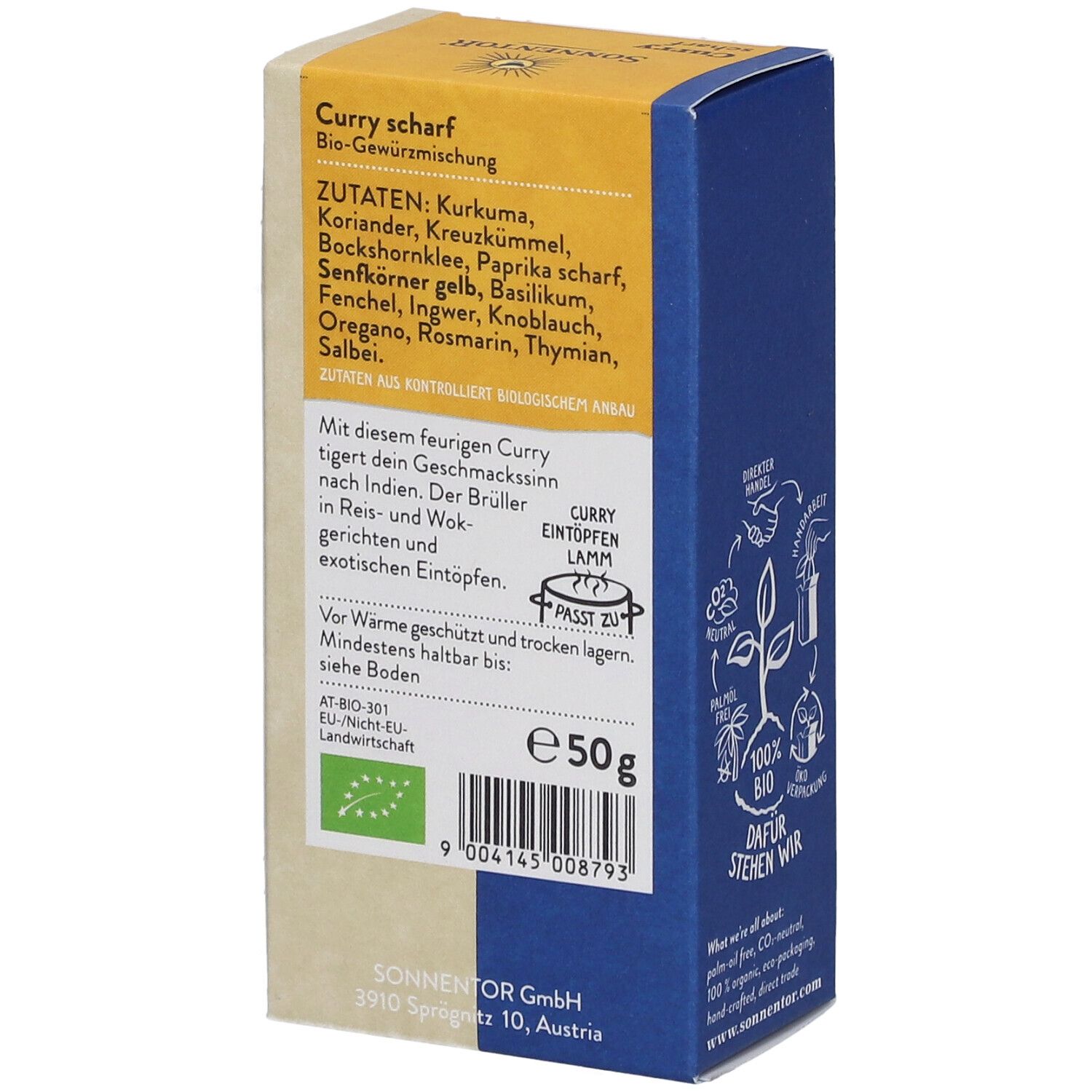 Rückseite der SonnentoR Curry scharf Verpackung. Zutatenliste, Bio-Siegel, und Gewichtsangabe.