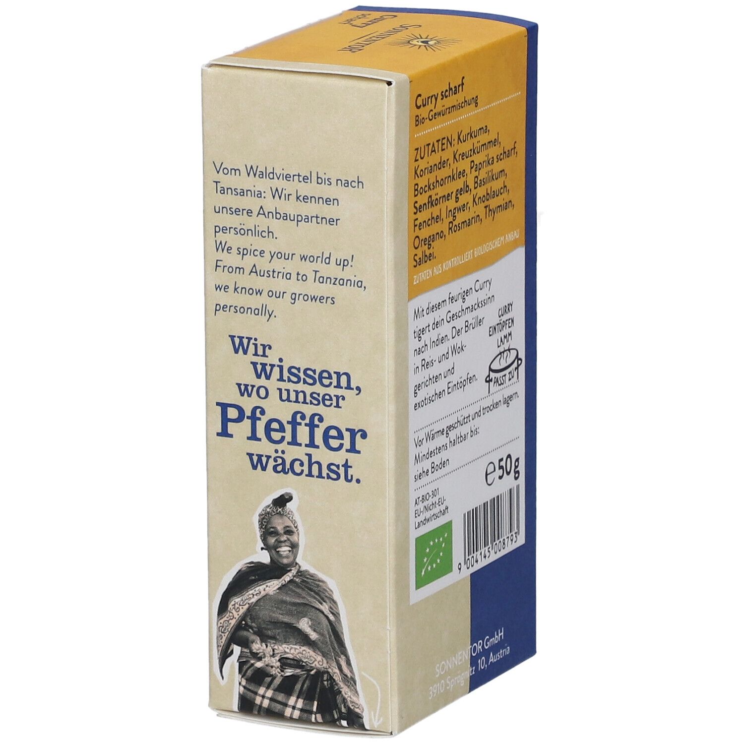 Seite der SonnentoR Curry scharf Verpackung. Text über Anbaupartner und Bio-Siegel.