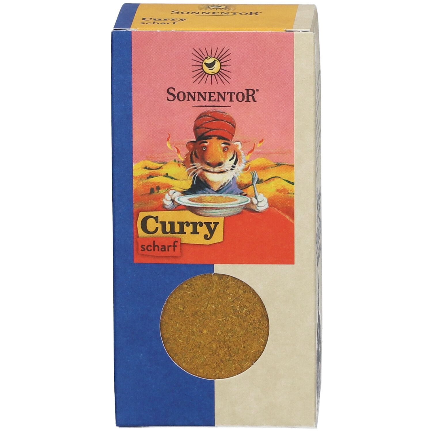 SonnentoR Curry scharf Verpackung. Logo, Illustration eines Tigers, und Sichtfenster mit Curry.