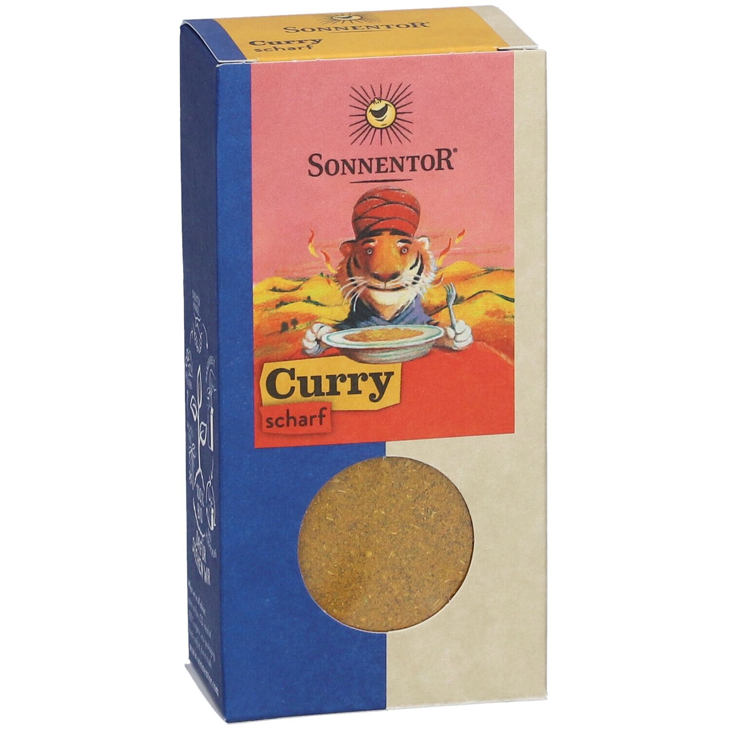 SonnentoR Curry scharf Verpackung. Logo, Illustration eines Tigers, und Sichtfenster mit Curry.