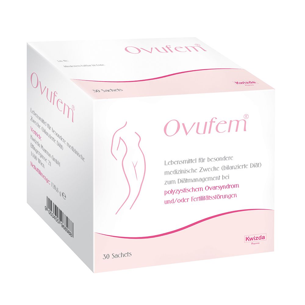 Ovufem®-Verpackung. Weiße Schachtel mit rosa Akzenten. Enthält 30 Sachets. Aufdruck mit Produktname und Abbildung einer Frau.
